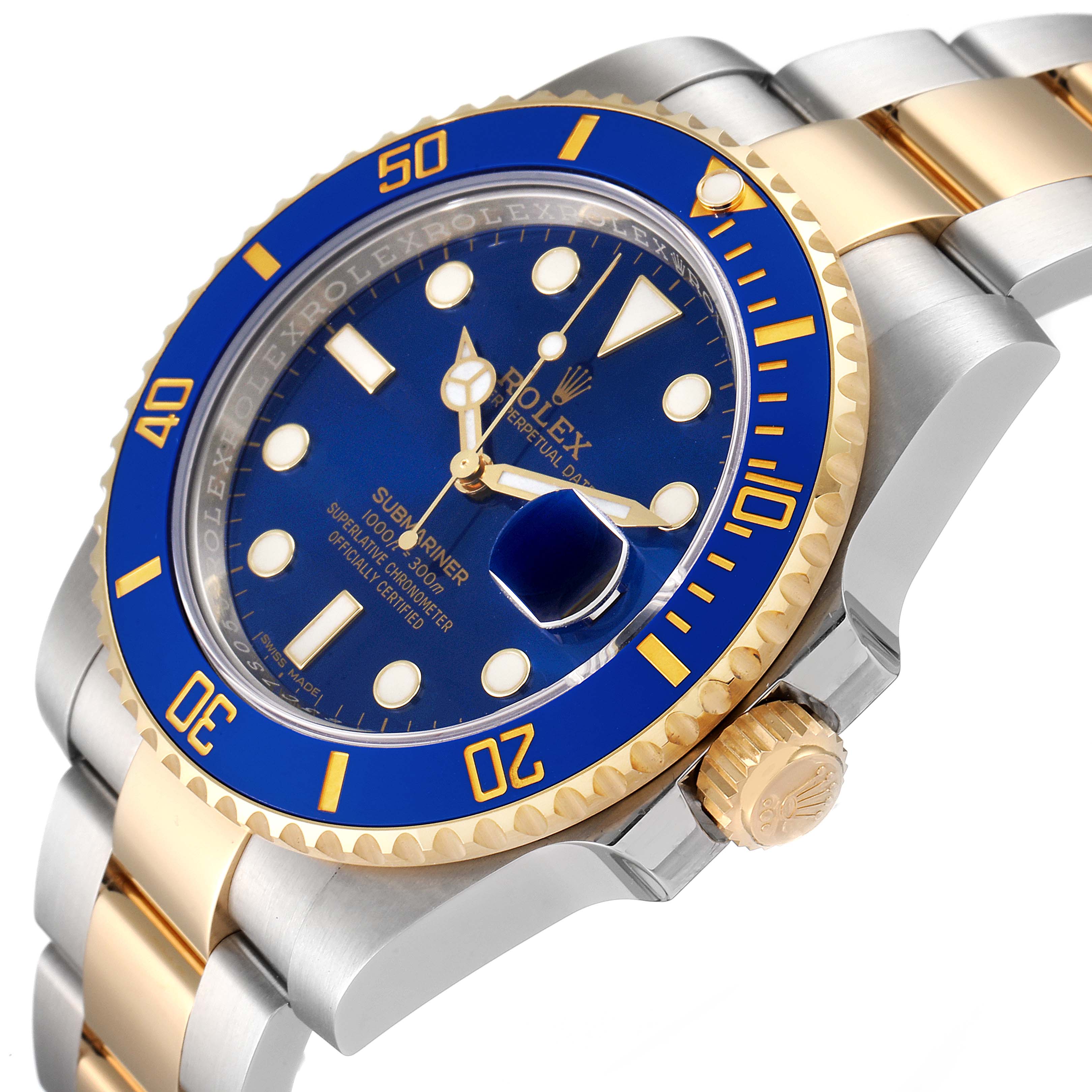 The image shows a close-up angle of the Rolex Submariner 116613 Men
s Steel and Gold (two tone) Blue Dial 116613 Men
s Steel and Gold (two tone) Blue Dial watch
s dial, bezel, and partial bracelet.