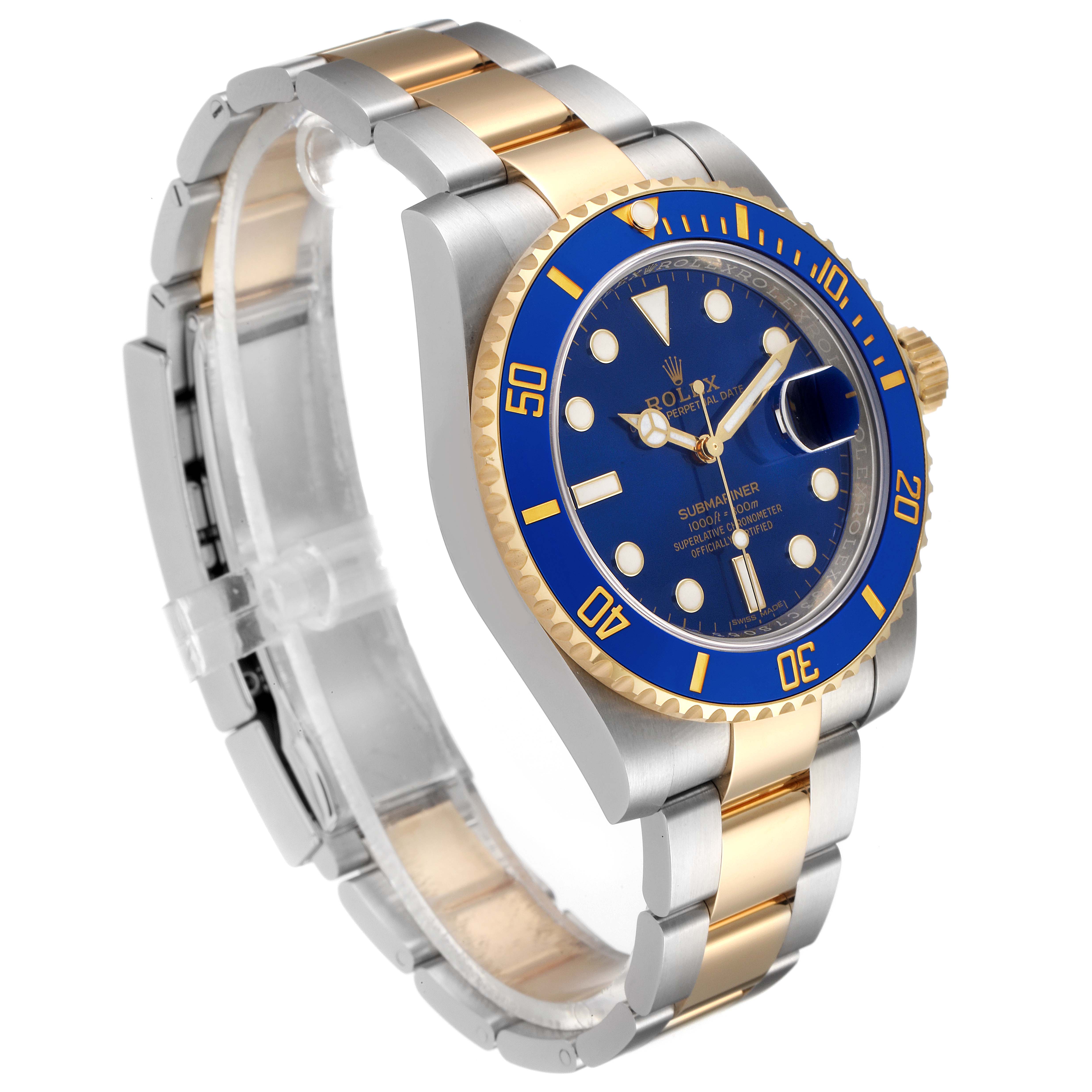 The image shows a Rolex Submariner 116613 Men
s Steel and Gold (two tone) Blue Dial 116613 Men
s Steel and Gold (two tone) Blue Dial watch at a three-quarter angle, highlighting its blue dial, bezel, and stainless steel and gold bracelet.