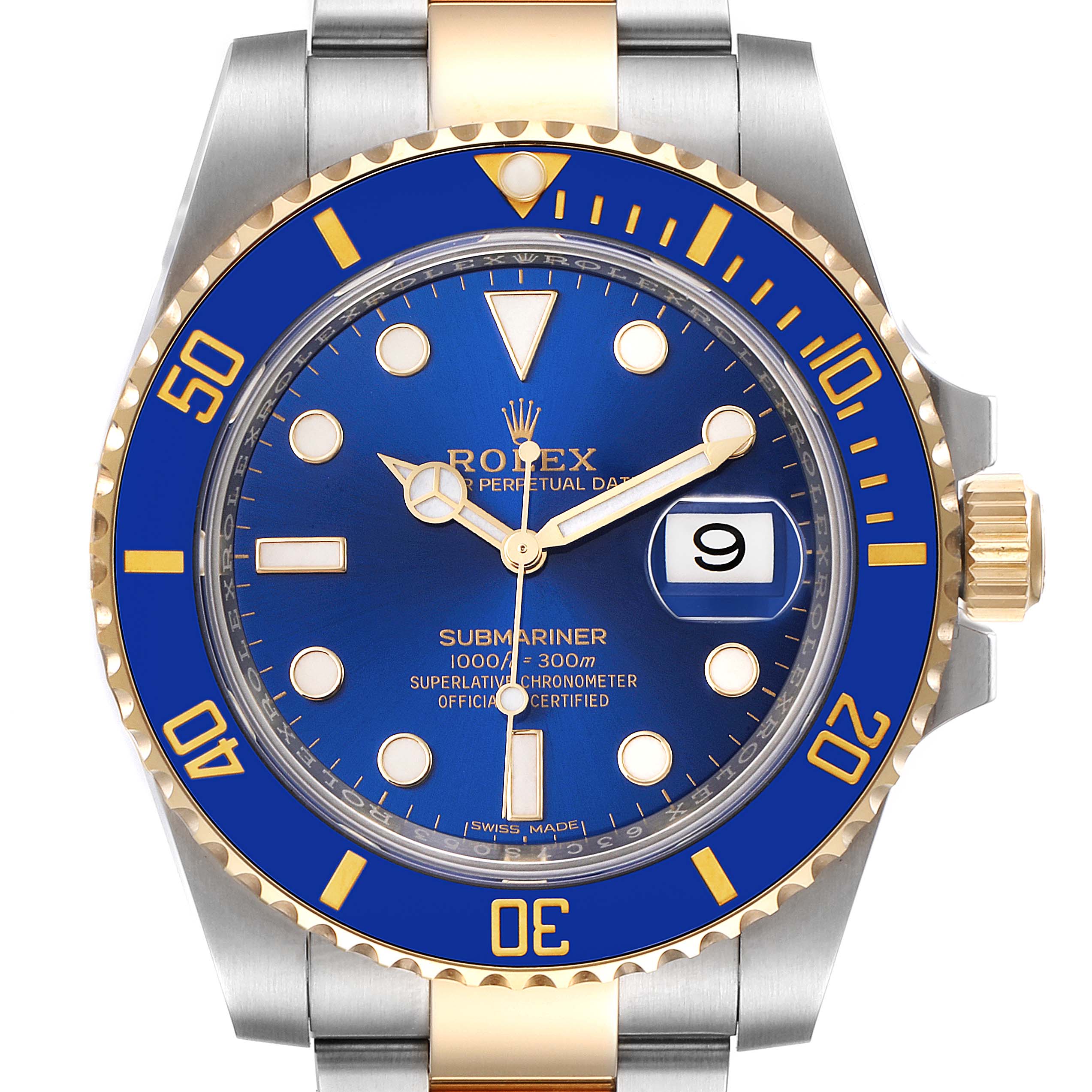 The image shows a frontal view of a Rolex Submariner 116613 Men
s Steel and Gold (two tone) Blue Dial 116613 Men
s Steel and Gold (two tone) Blue Dial watch featuring a blue dial, blue bezel, and gold accents.