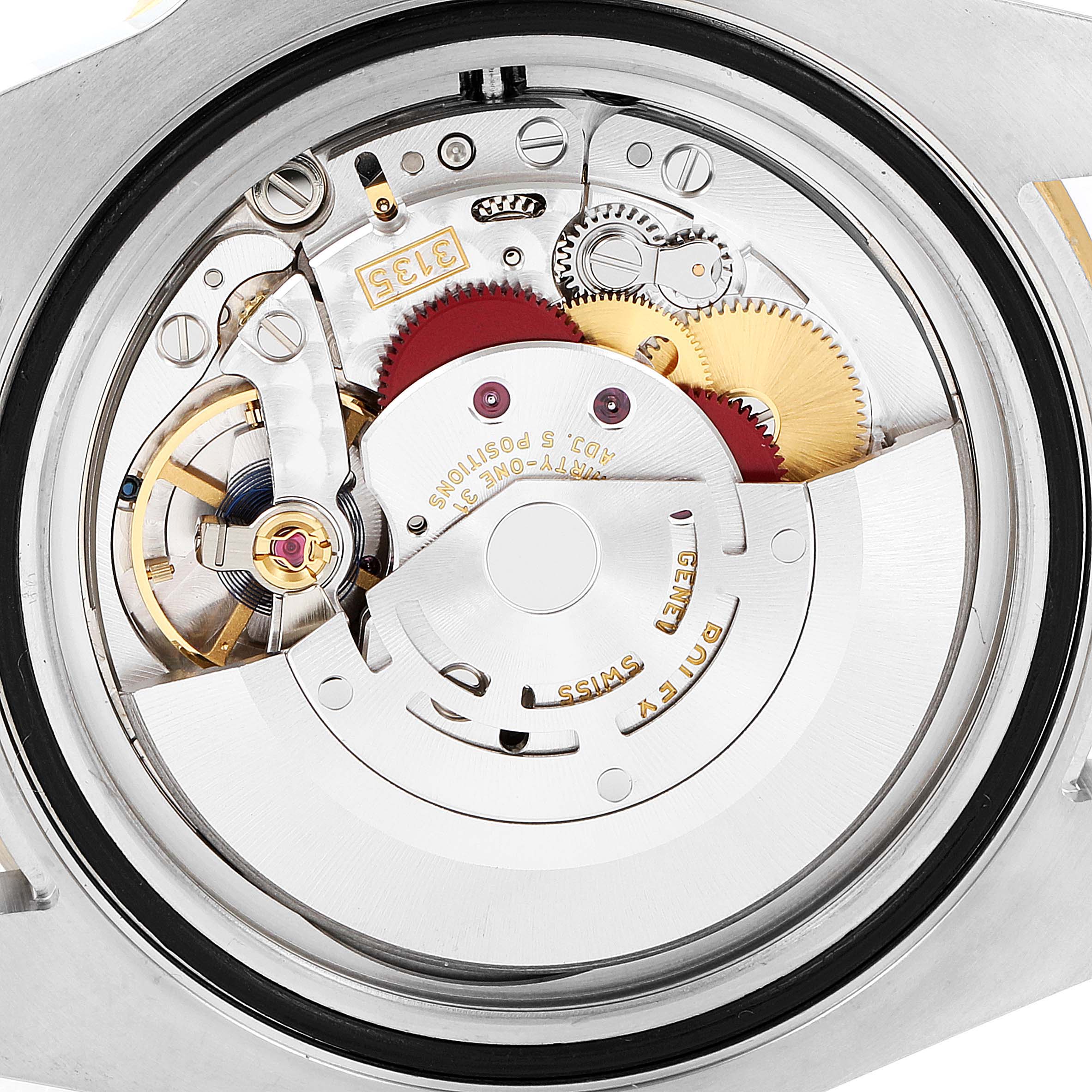 The image shows a close-up view of the movement and internal mechanism of a Rolex Submariner 116613 Men
s Steel and Gold (two tone) Blue Dial 116613 Men
s Steel and Gold (two tone) Blue Dial watch.