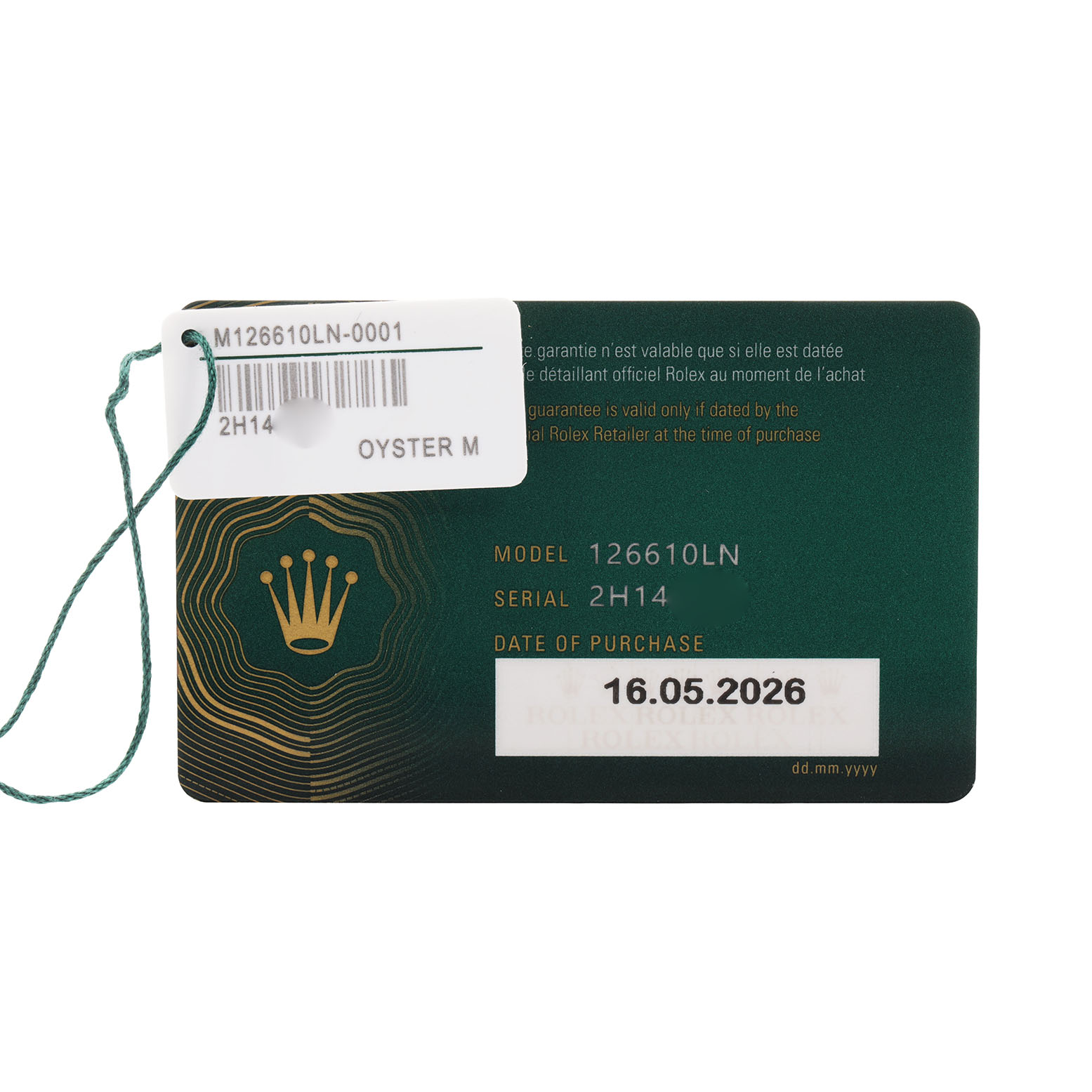 The image shows a Rolex warranty card and tag for the Submariner model, highlighting model and serial numbers.