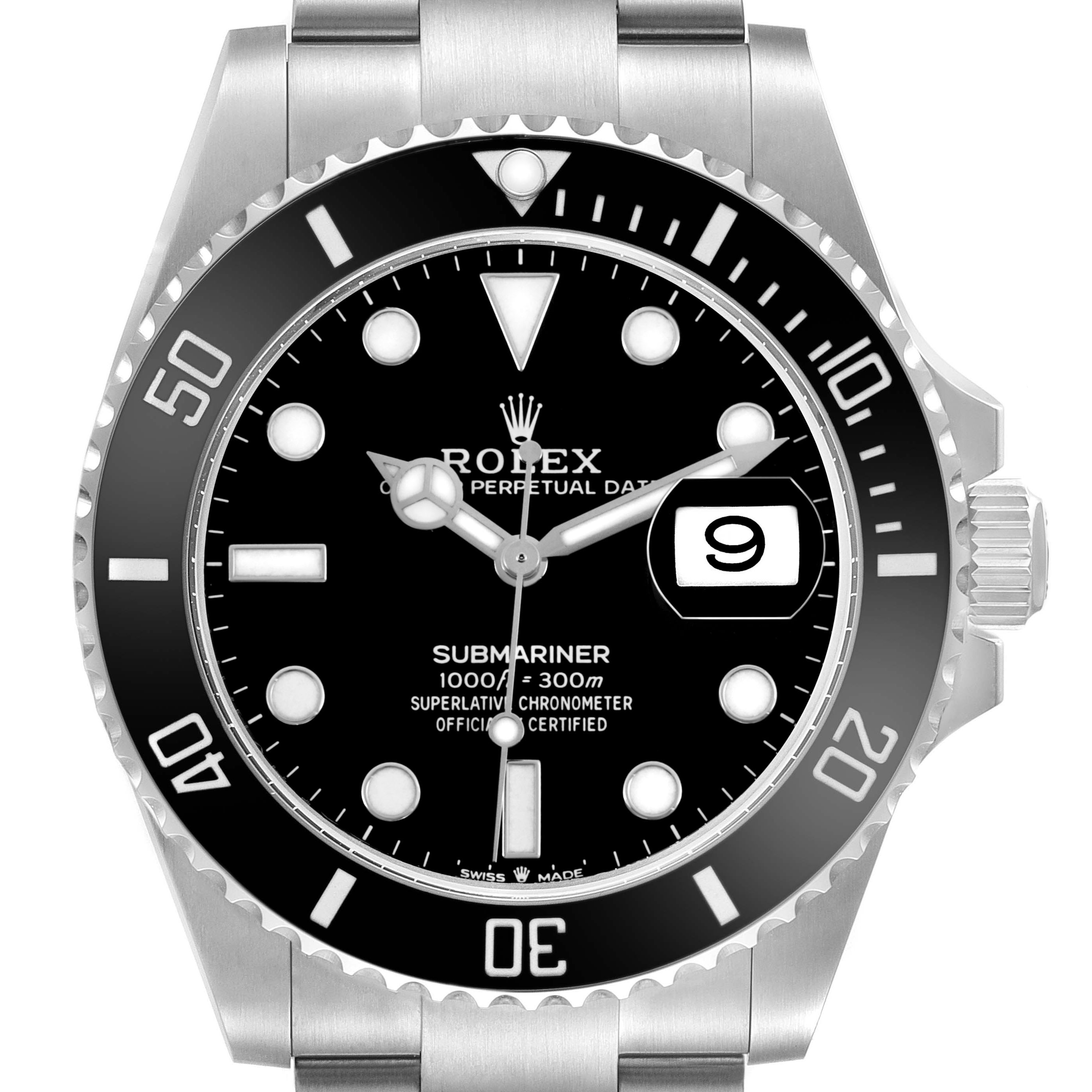 The image shows a Rolex Submariner 126610 Men's Stainless Steel Black Dial from a front angle, highlighting the dial, bezel, crown, and part of the bracelet.