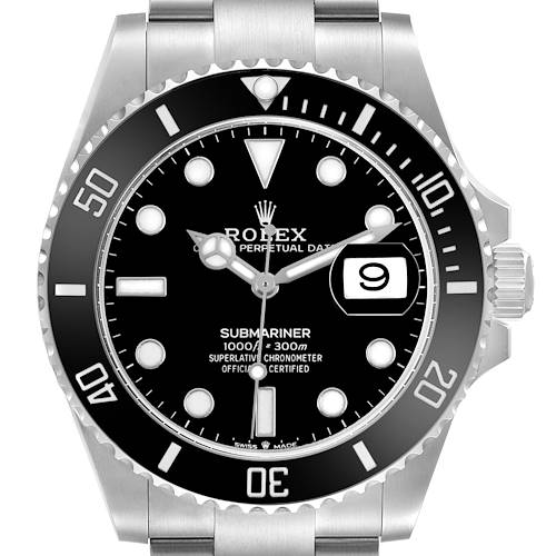 The image shows a front view of a Rolex Submariner 126610 Men's Stainless Steel Black Dial, displaying the face, bezel, and part of the bracelet.