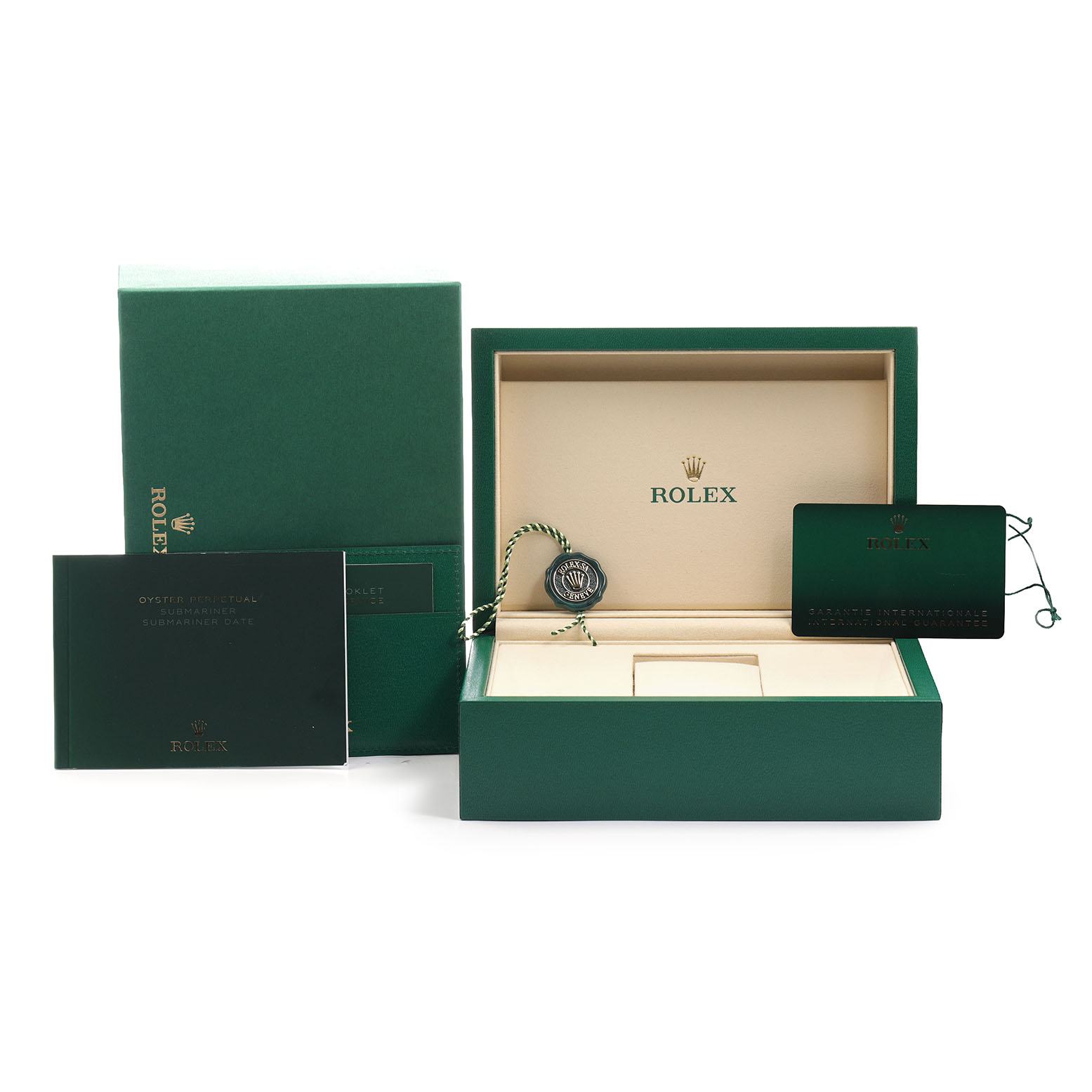 The image shows a Rolex Submariner 126610 Men's Stainless Steel Black Dial box set, including the open box, manuals, hangtag, and a warranty card.
