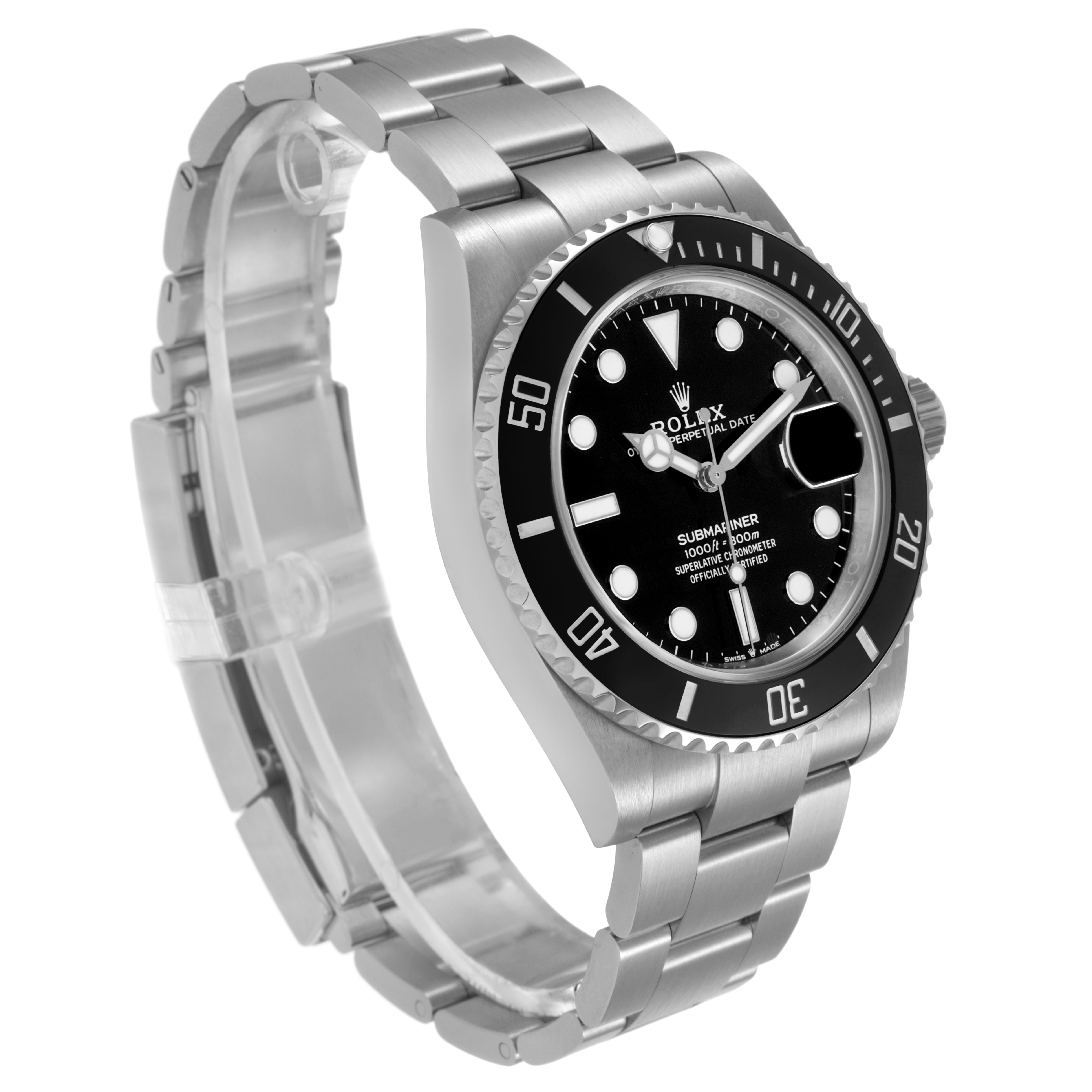 The Rolex Submariner 126610 Men's Stainless Steel Black Dial is shown at an angled side view, displaying the bracelet, bezel, dial, and crown.