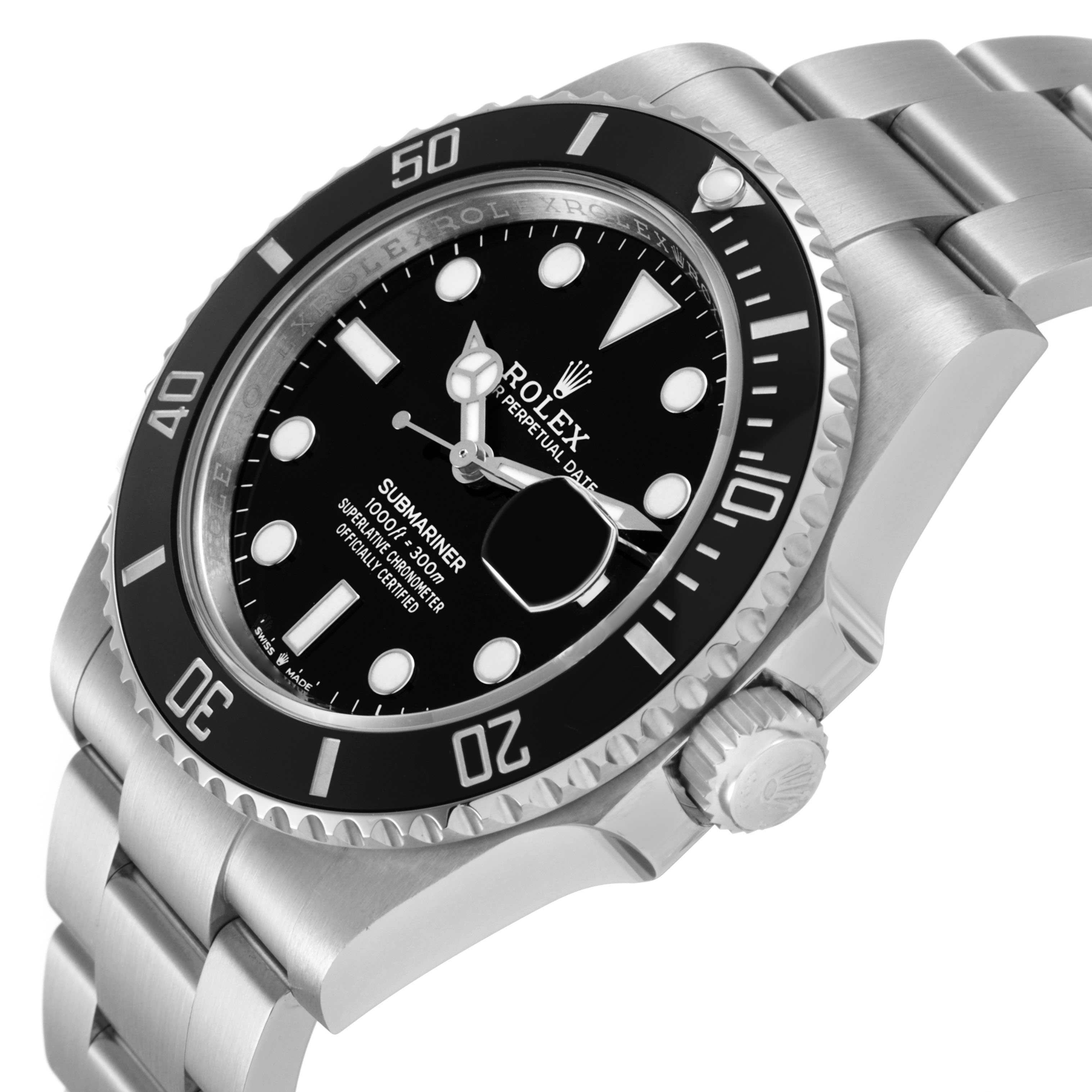 The Rolex Submariner 126610 Men's Stainless Steel Black Dial watch is shown at a slight angle, highlighting the face, bezel, crown, and part of the bracelet.