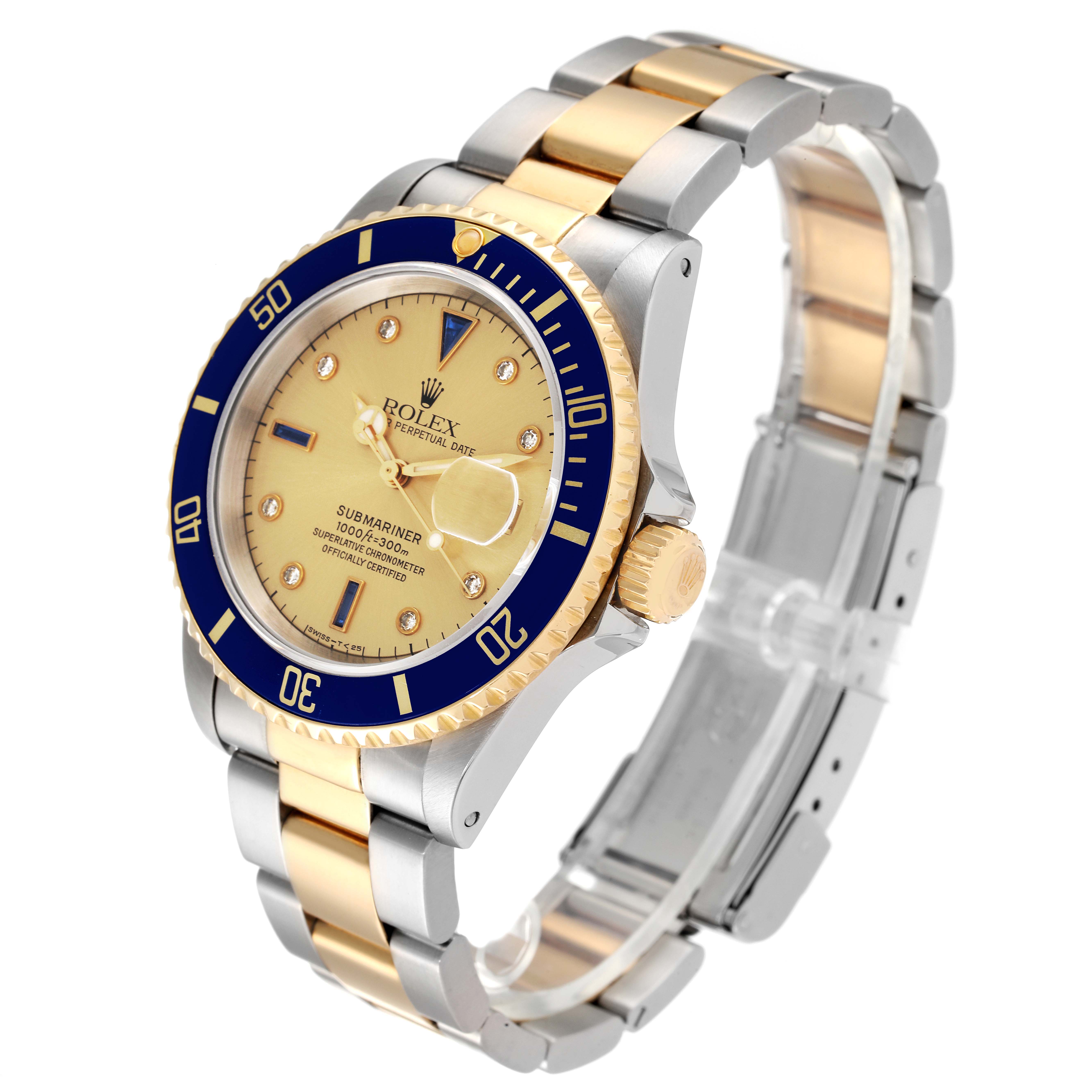 The image displays a Rolex Submariner 16613 Men
s Steel and Gold (two tone) Champagne Dial 16613 Men
s Steel and Gold (two tone) Champagne Dial watch at a three-quarter angle, showcasing its bezel, dial, and bracelet.