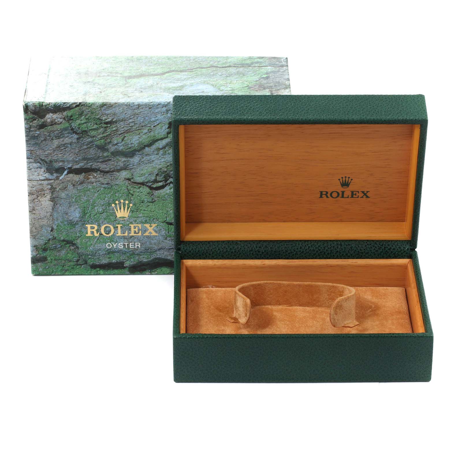 The image shows an empty Rolex Submariner 16613 Men
s Steel and Gold (two tone) Champagne Dial 16613 Men
s Steel and Gold (two tone) Champagne Dial watch box set, with the green outer box and the open inner box displaying the Rolex logo.