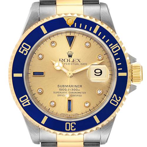 Photo of Rolex Submariner Steel Gold Diamond Sapphire Serti Dial Watch 16613
