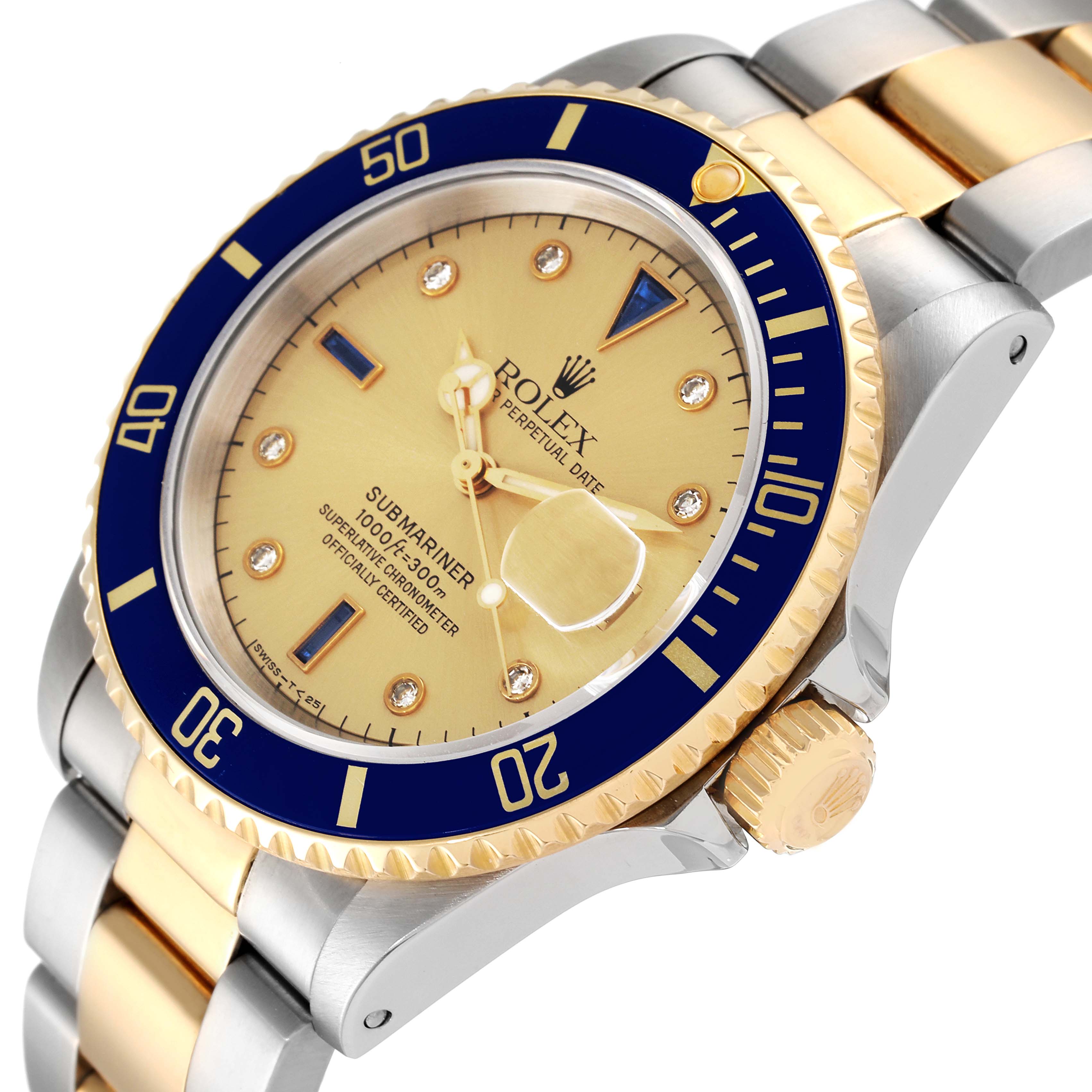 The image shows a side angle of a Rolex Submariner 16613 Men
s Steel and Gold (two tone) Champagne Dial 16613 Men
s Steel and Gold (two tone) Champagne Dial, highlighting its bezel, dial, crown, and part of the bracelet.