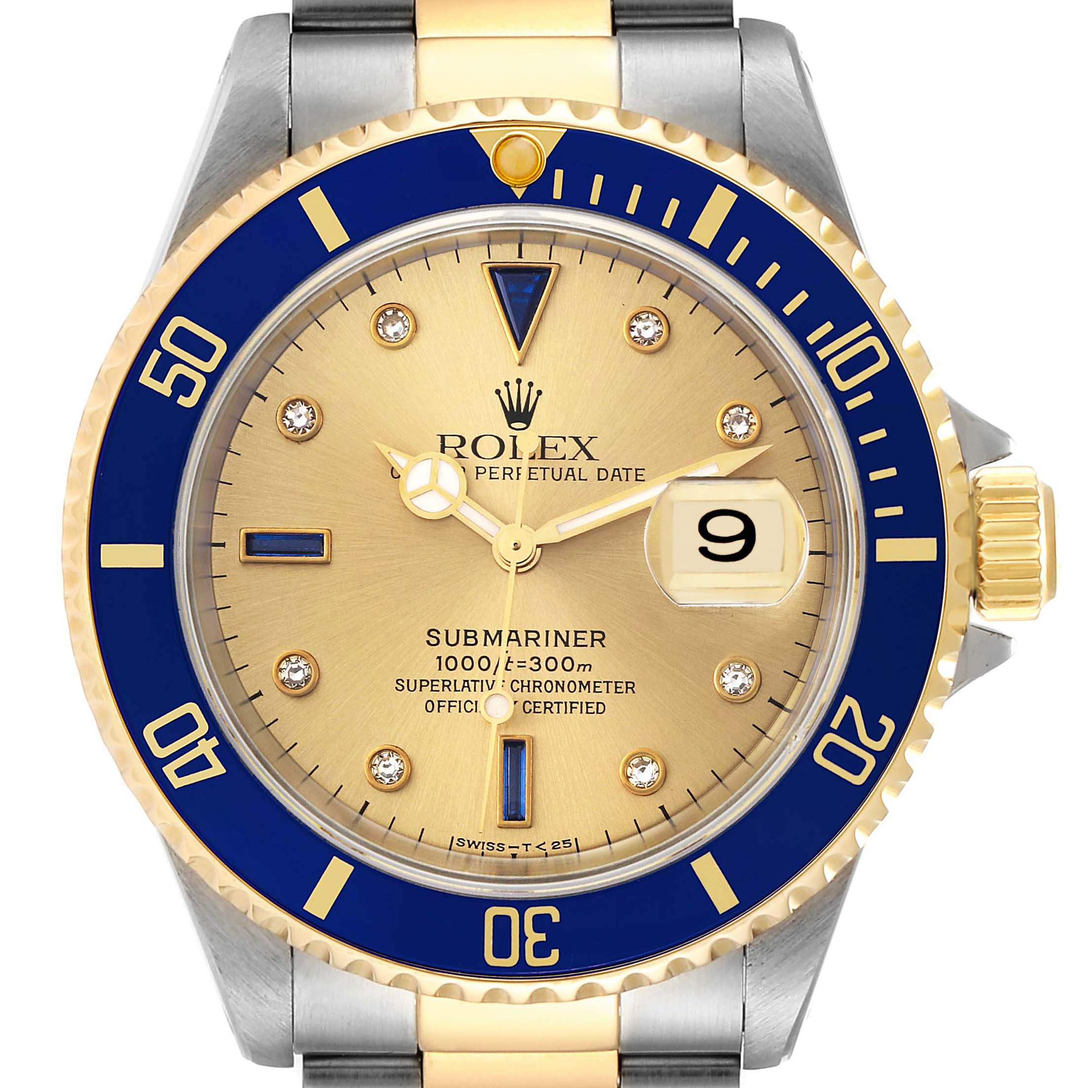 The image shows a close-up of the Rolex Submariner 16613 Men
s Steel and Gold (two tone) Champagne Dial 16613 Men
s Steel and Gold (two tone) Champagne Dial watch, displaying the dial, bezel, and part of the bracelet.