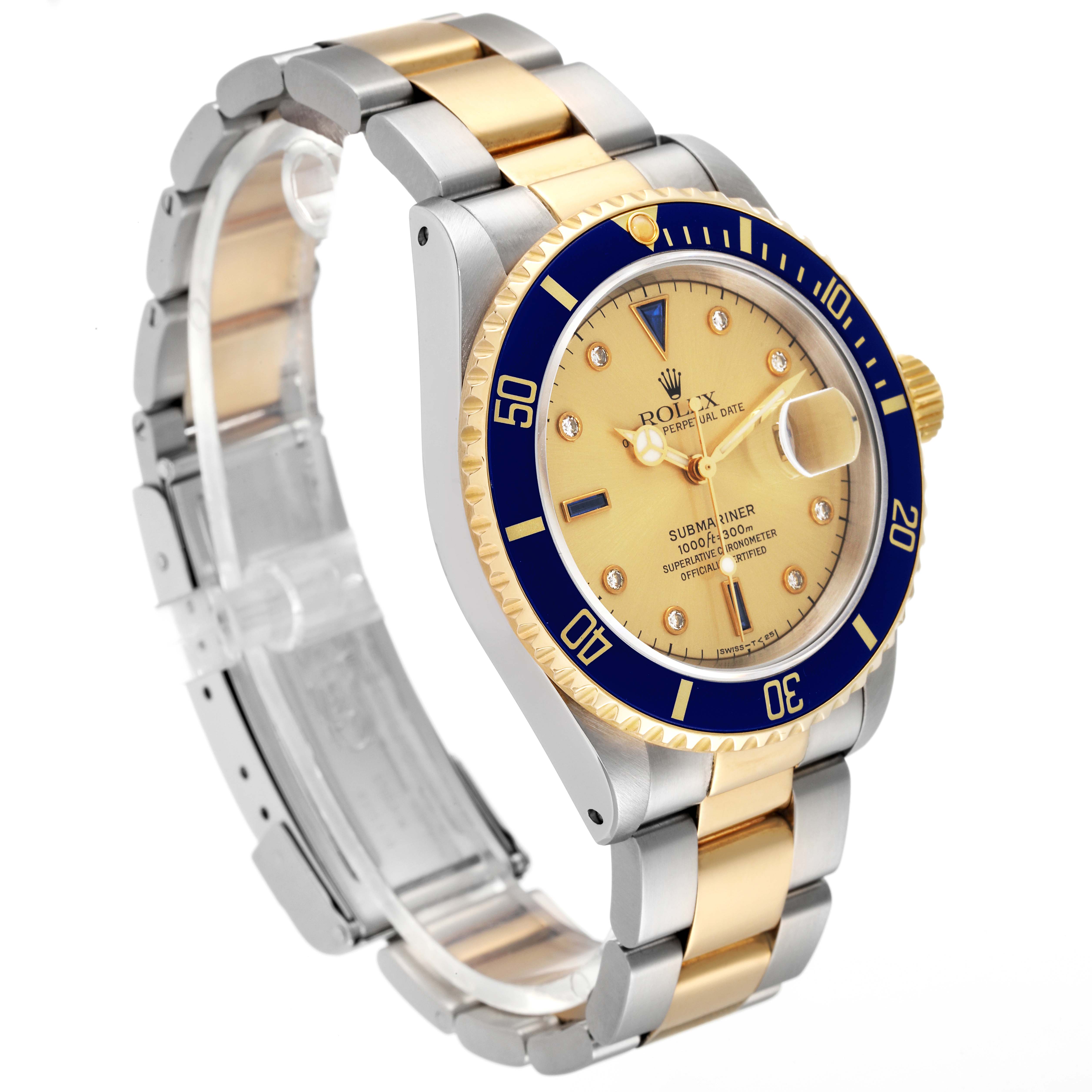 The image shows a Rolex Submariner 16613 Men
s Steel and Gold (two tone) Champagne Dial 16613 Men
s Steel and Gold (two tone) Champagne Dial watch at a three-quarter angle, highlighting its blue bezel, champagne dial, and two-tone bracelet.