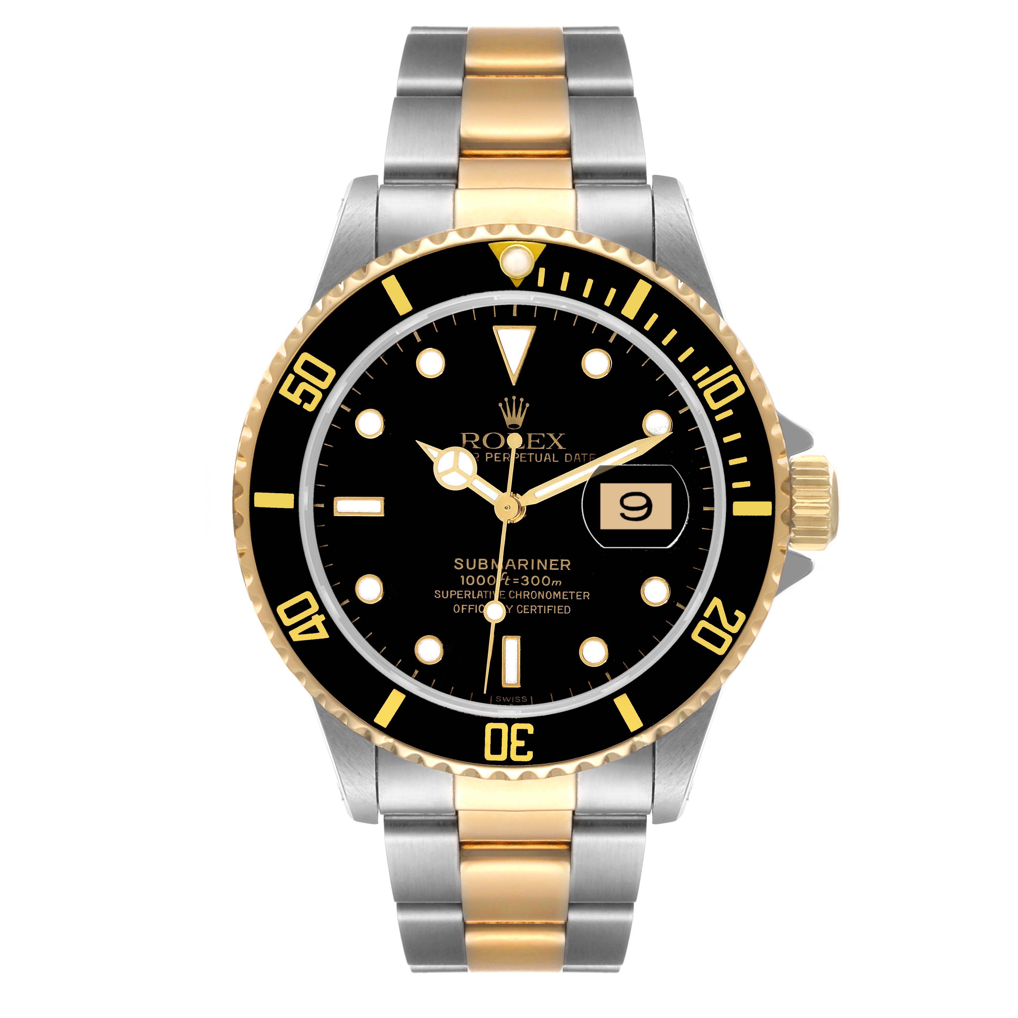 The image shows a front view of a Rolex Submariner 16613 Men's Steel and Gold (two tone) Black Dial 16613 Men's Steel and Gold (two tone) Black Dial watch, highlighting its black dial, gold accents, and steel and gold bracelet.