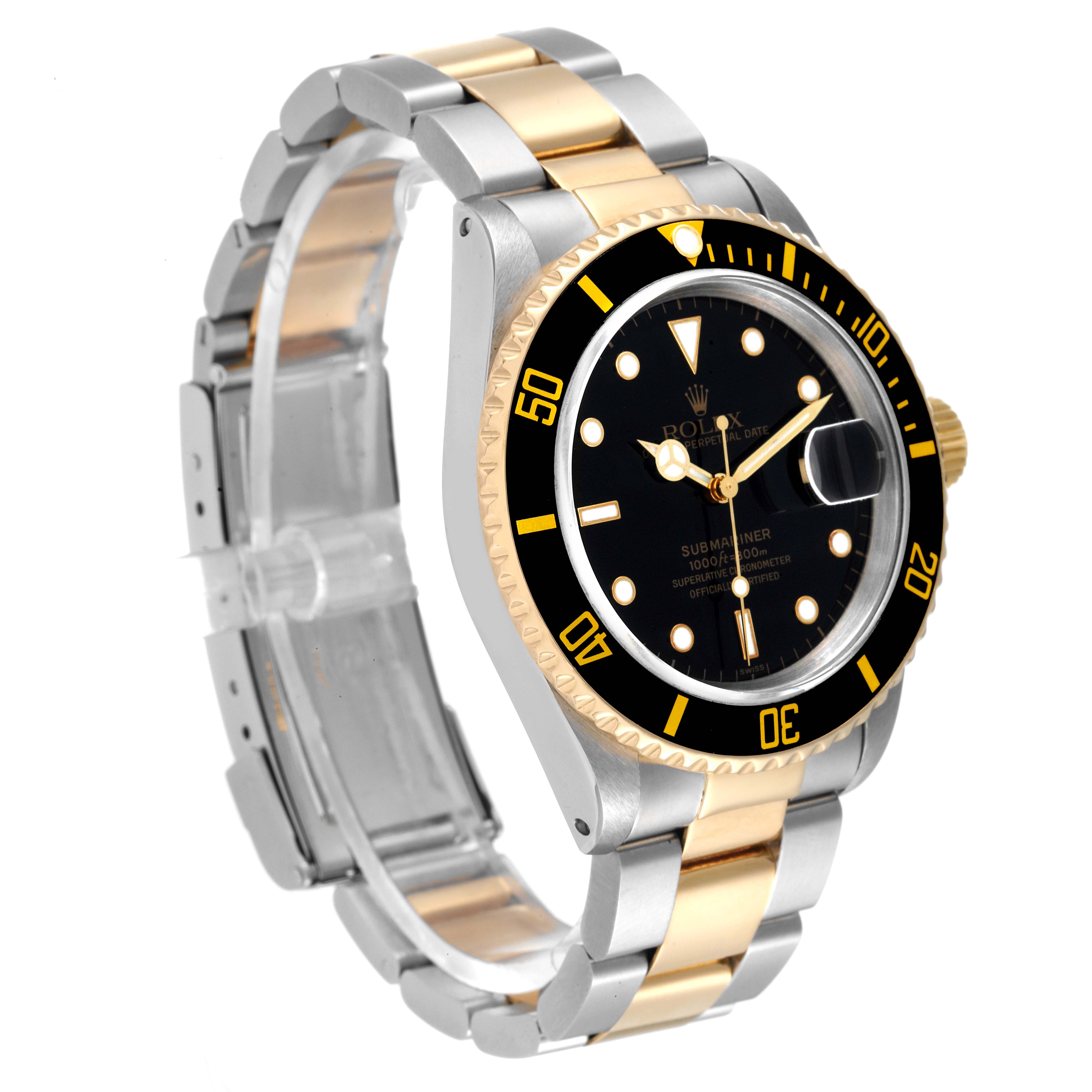 The Rolex Submariner 16613 Men's Steel and Gold (two tone) Black Dial 16613 Men's Steel and Gold (two tone) Black Dial watch is shown at an angled side view, highlighting its two-tone bracelet and black dial with a date window.