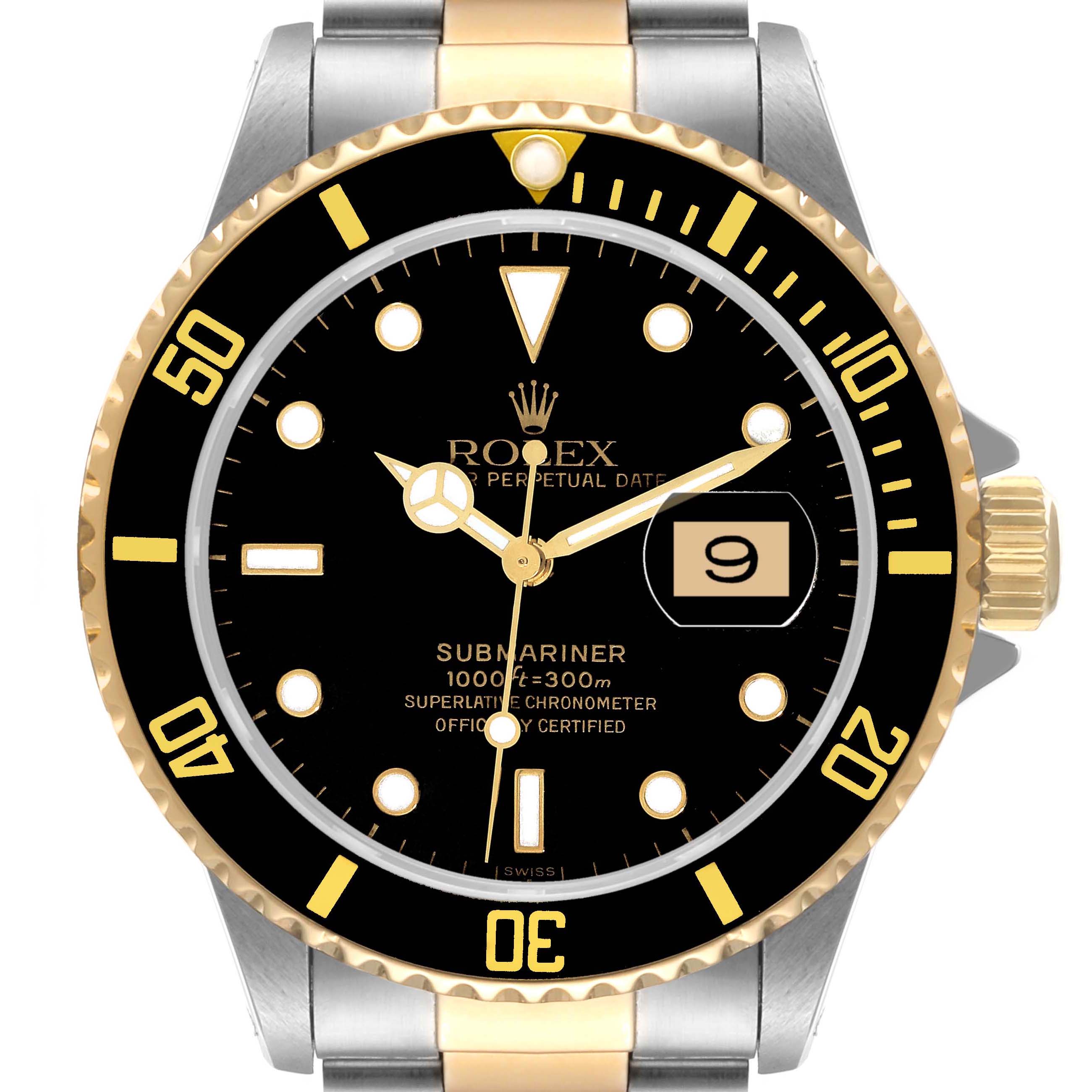 This image shows a front view of the Rolex Submariner 16613 Men's Steel and Gold (two tone) Black Dial 16613 Men's Steel and Gold (two tone) Black Dial watch, focusing on the dial, bezel, and part of the bracelet.