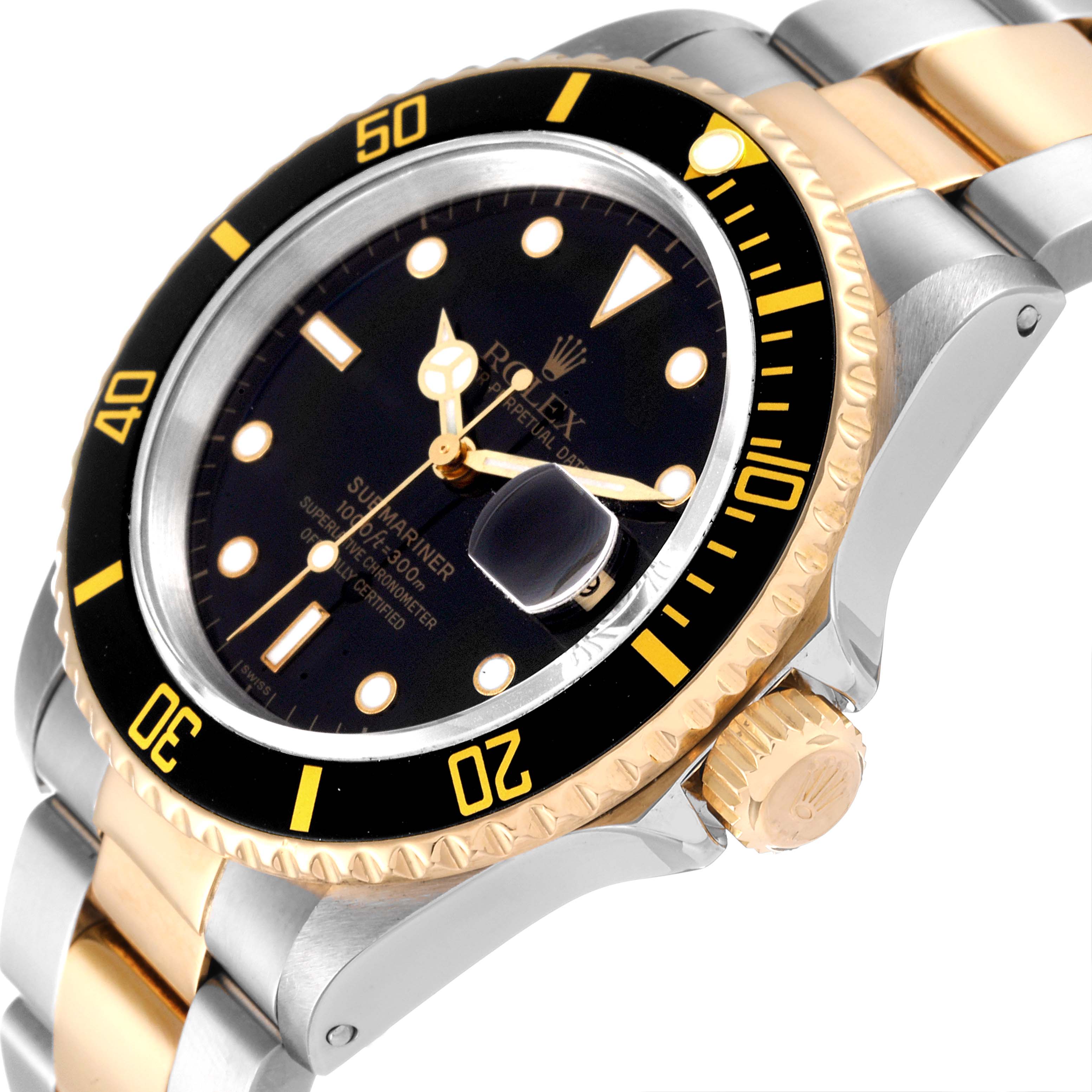 The image shows a Rolex Submariner 16613 Men's Steel and Gold (two tone) Black Dial 16613 Men's Steel and Gold (two tone) Black Dial watch at an angle emphasizing the bezel, dial, and crown, with a focus on the two-tone band.