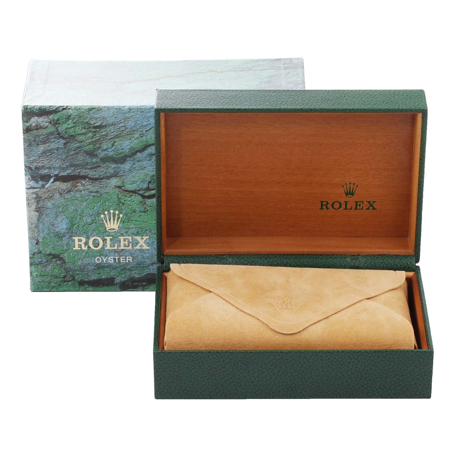 The image shows a Rolex Submariner 16613 Men's Steel and Gold (two tone) Black Dial 16613 Men's Steel and Gold (two tone) Black Dial watch box, open, revealing a suede pouch inside.