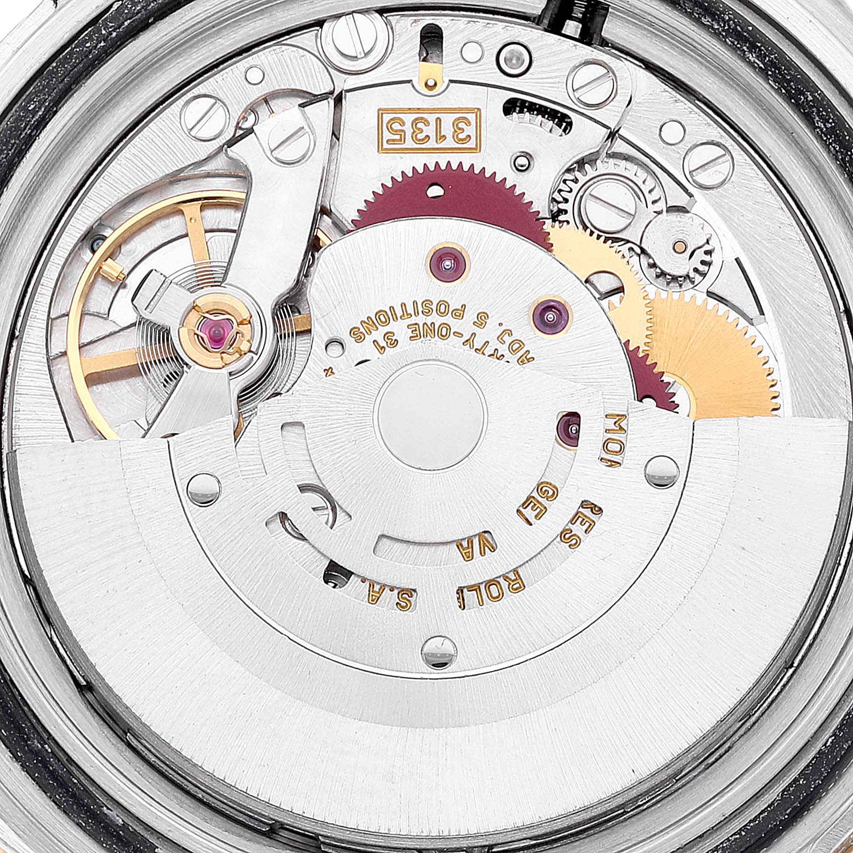 The image shows the intricate internal movement of a Rolex Submariner 16613 Men's Steel and Gold (two tone) Black Dial 16613 Men's Steel and Gold (two tone) Black Dial watch from a top-down angle, highlighting its gears and components.