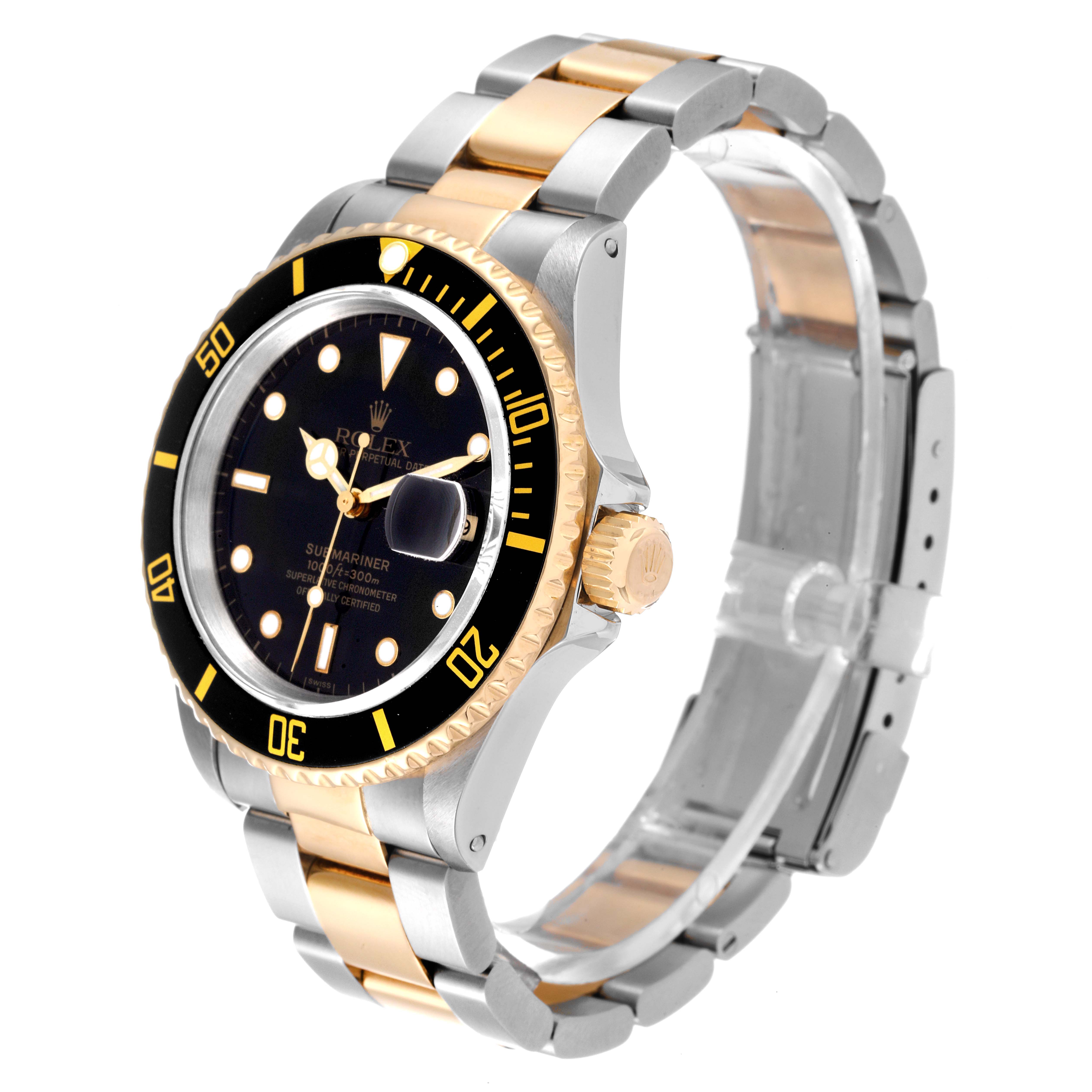 The image shows a Rolex Submariner 16613 Men's Steel and Gold (two tone) Black Dial 16613 Men's Steel and Gold (two tone) Black Dial watch angled to display the dial, bezel, crown, and bracelet.