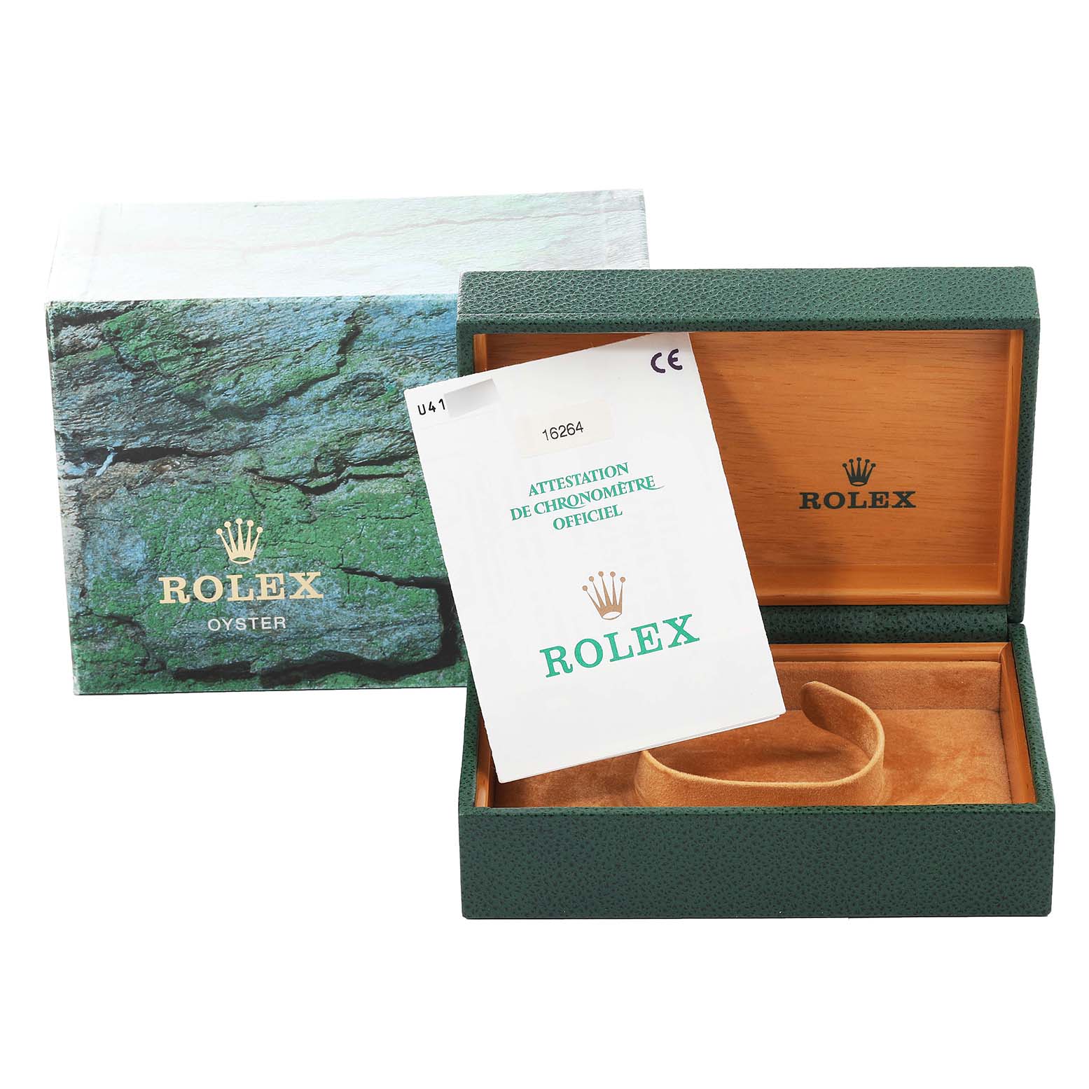 This image shows the packaging, inner box, and certification card of the Rolex Turn-o-Graph 16264 Men
s Stainless Steel Black Dial 16264 Men
s Stainless Steel Black Dial model.