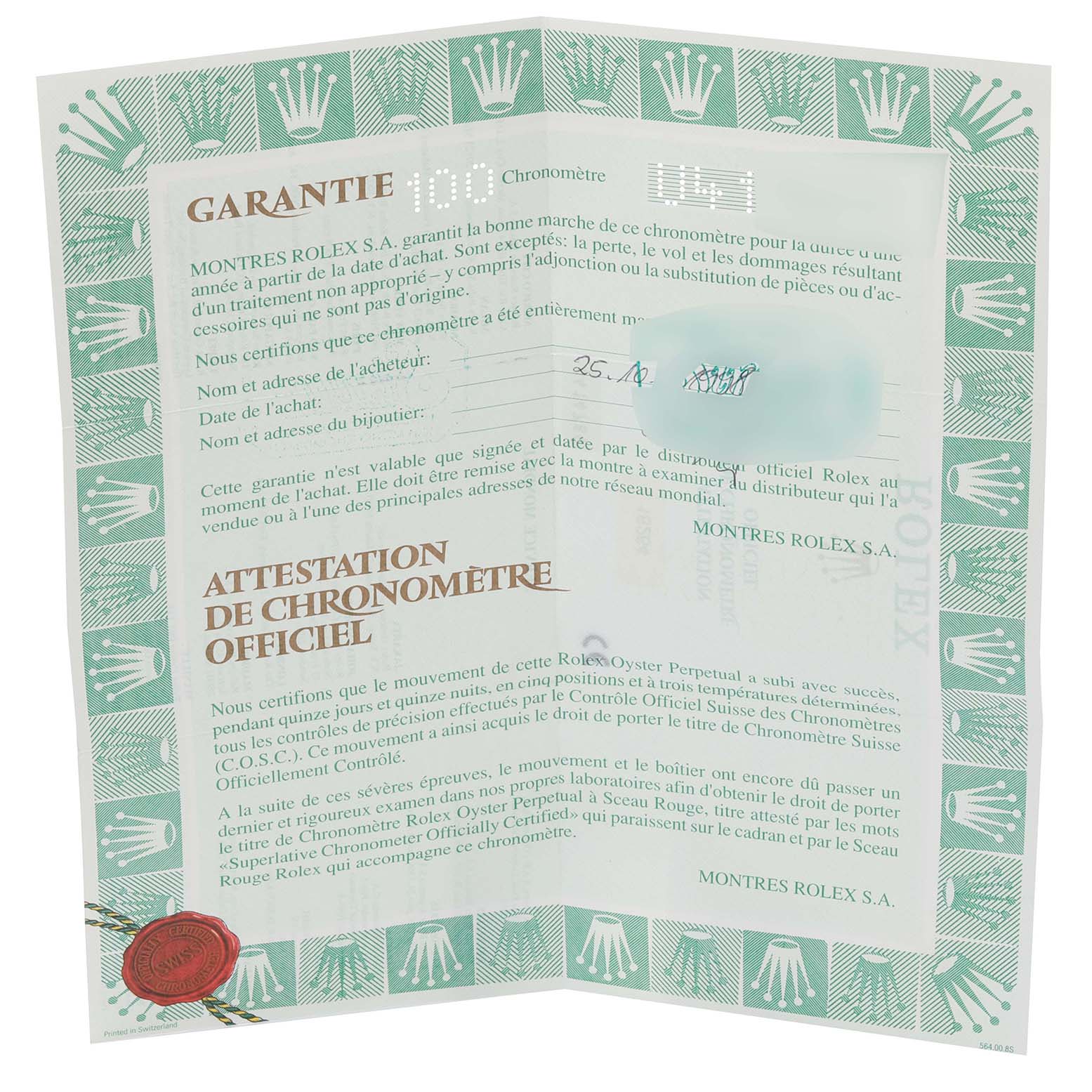 The image shows the warranty certificate for the Rolex Turn-o-Graph 16264 Men
s Stainless Steel Black Dial 16264 Men
s Stainless Steel Black Dial watch.