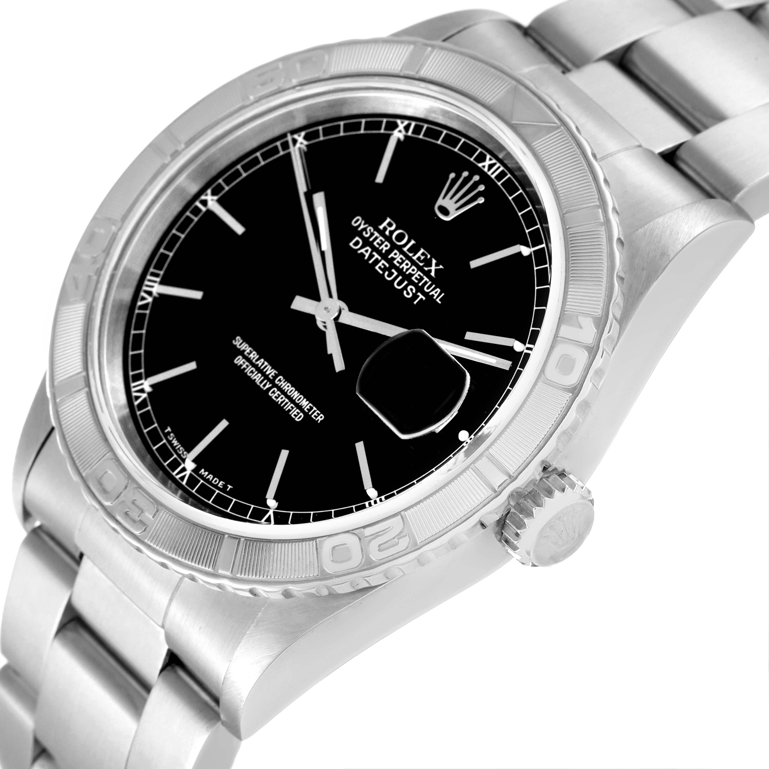 This image shows a Rolex Turn-o-Graph 16264 Men
s Stainless Steel Black Dial 16264 Men
s Stainless Steel Black Dial watch at a three-quarter angle, highlighting the dial, bezel, crown, and bracelet.