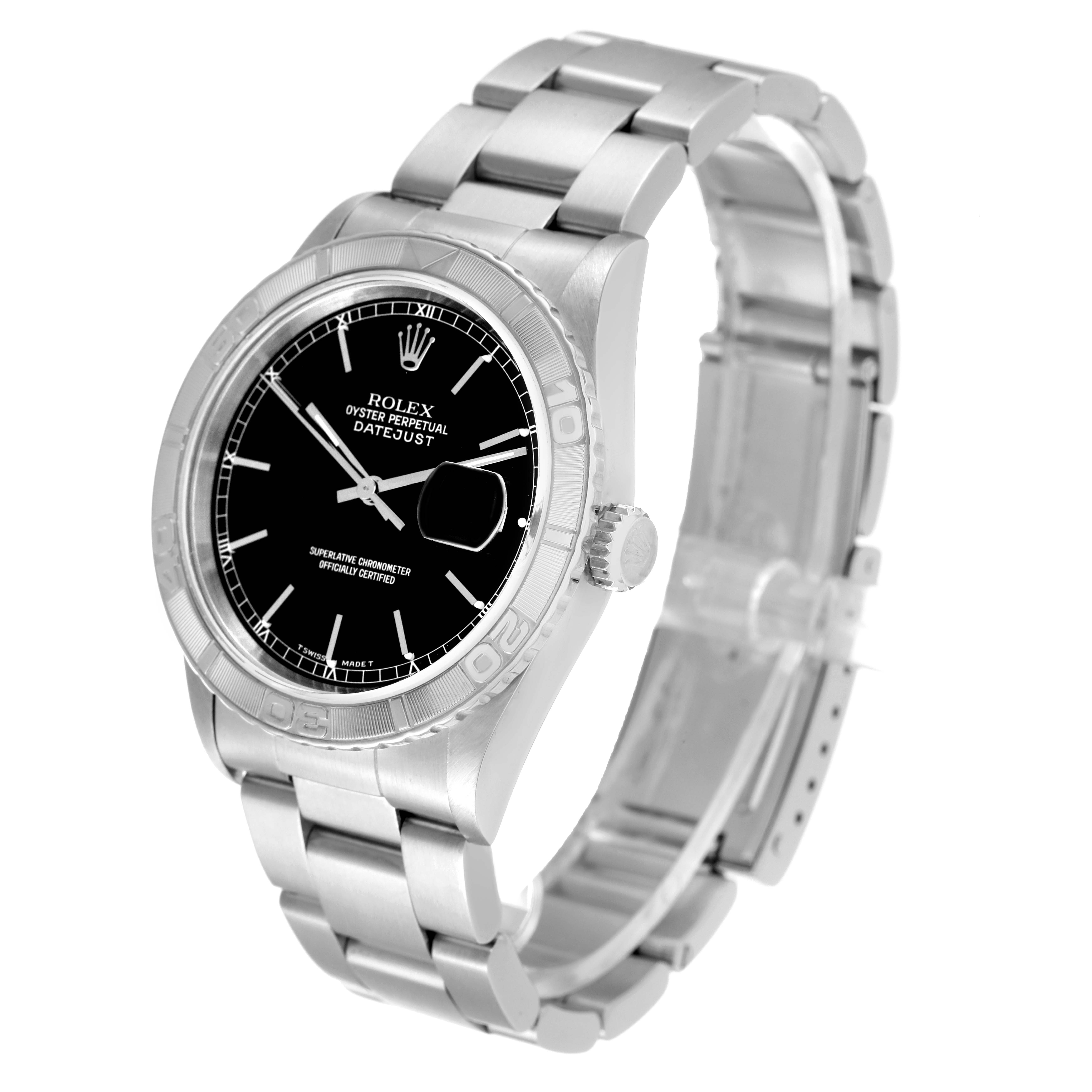 This image shows a Rolex Turn-o-Graph 16264 Men
s Stainless Steel Black Dial 16264 Men
s Stainless Steel Black Dial watch from a front and slightly angled side view, highlighting its face, bezel, and band.