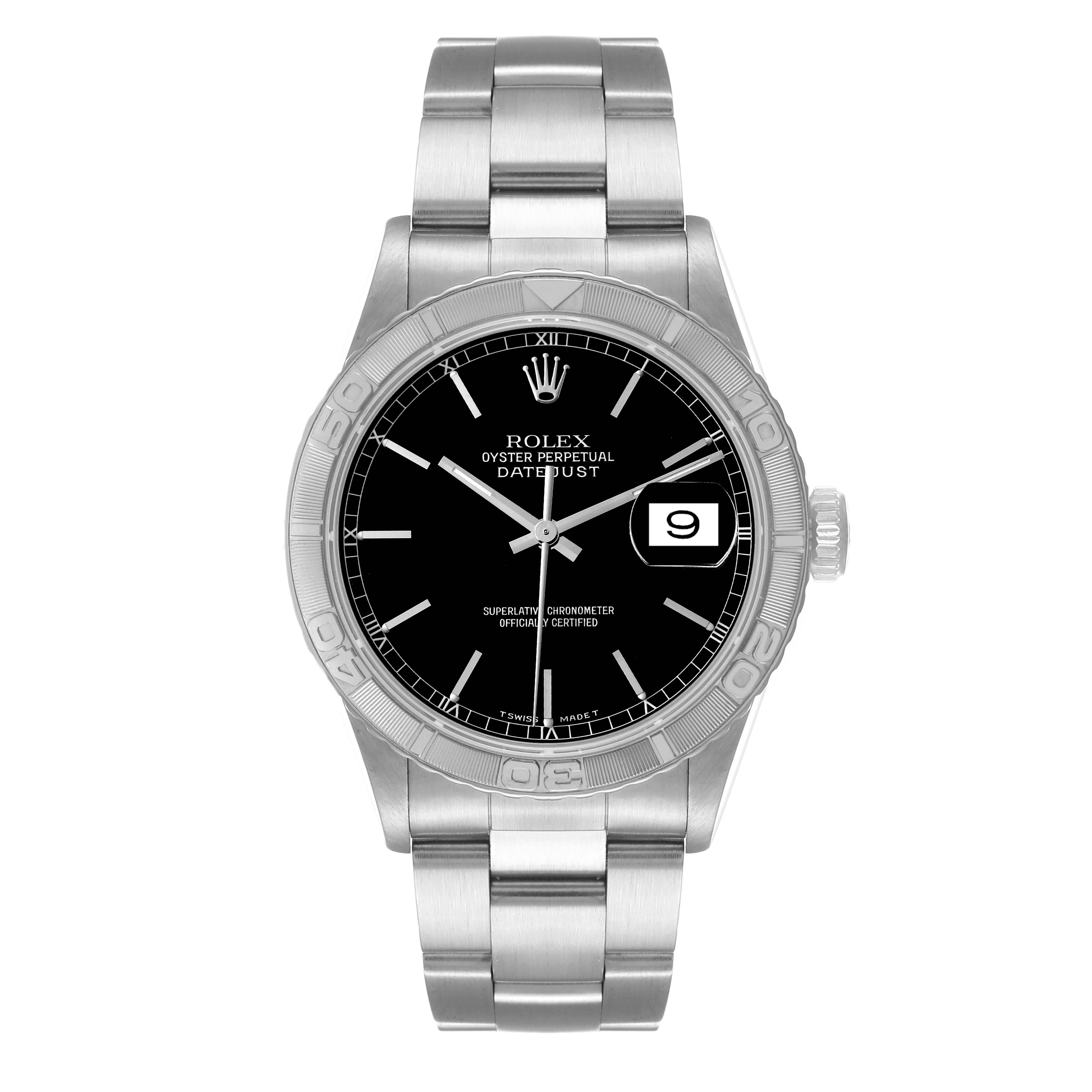 The image shows a front view of a Rolex Turn-o-Graph 16264 Men
s Stainless Steel Black Dial 16264 Men
s Stainless Steel Black Dial watch displaying its black dial, date window, and stainless steel bracelet.