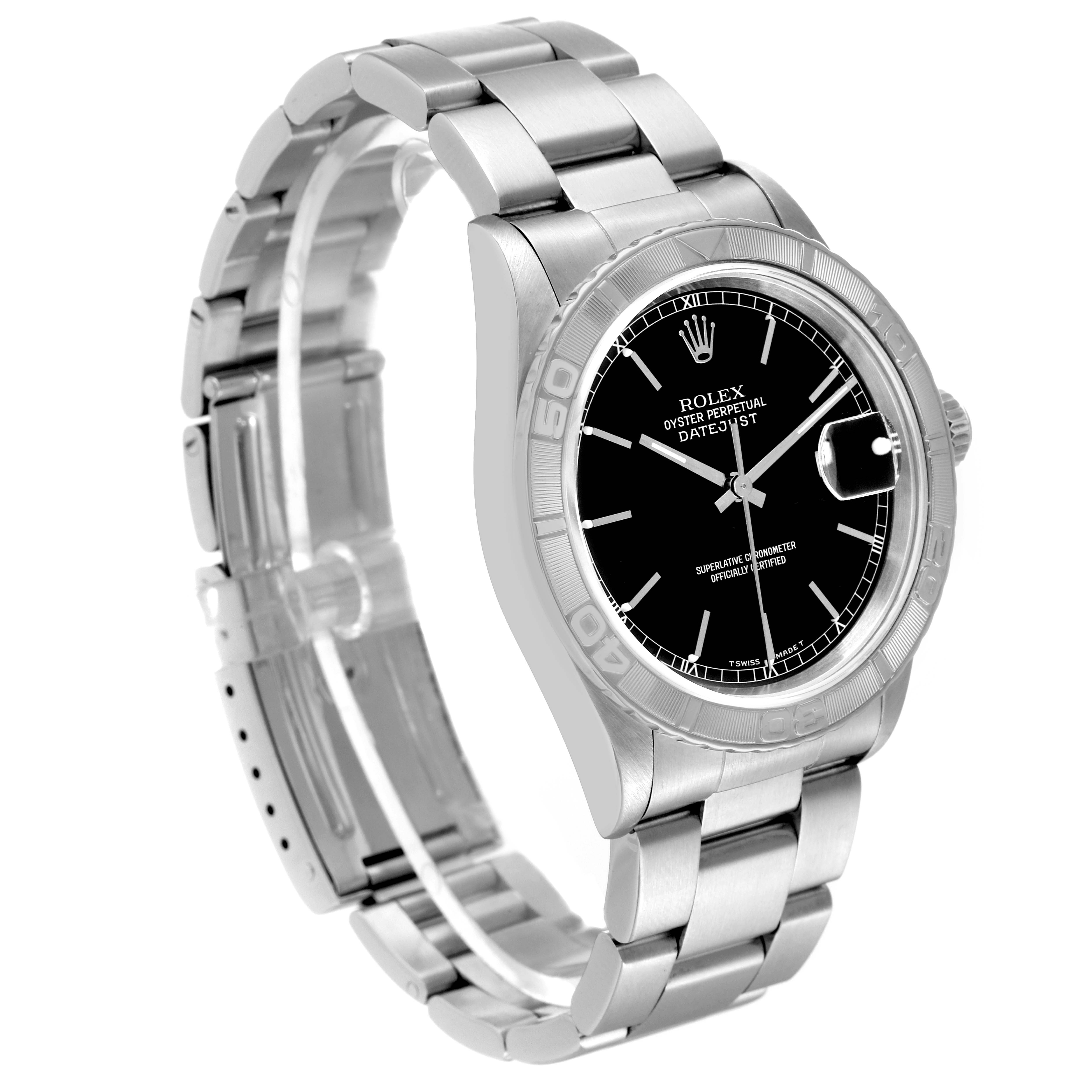The image shows a side angle of a Rolex Turn-o-Graph 16264 Men
s Stainless Steel Black Dial 16264 Men
s Stainless Steel Black Dial watch, highlighting the dial, bezel, bracelet, and clasp.
