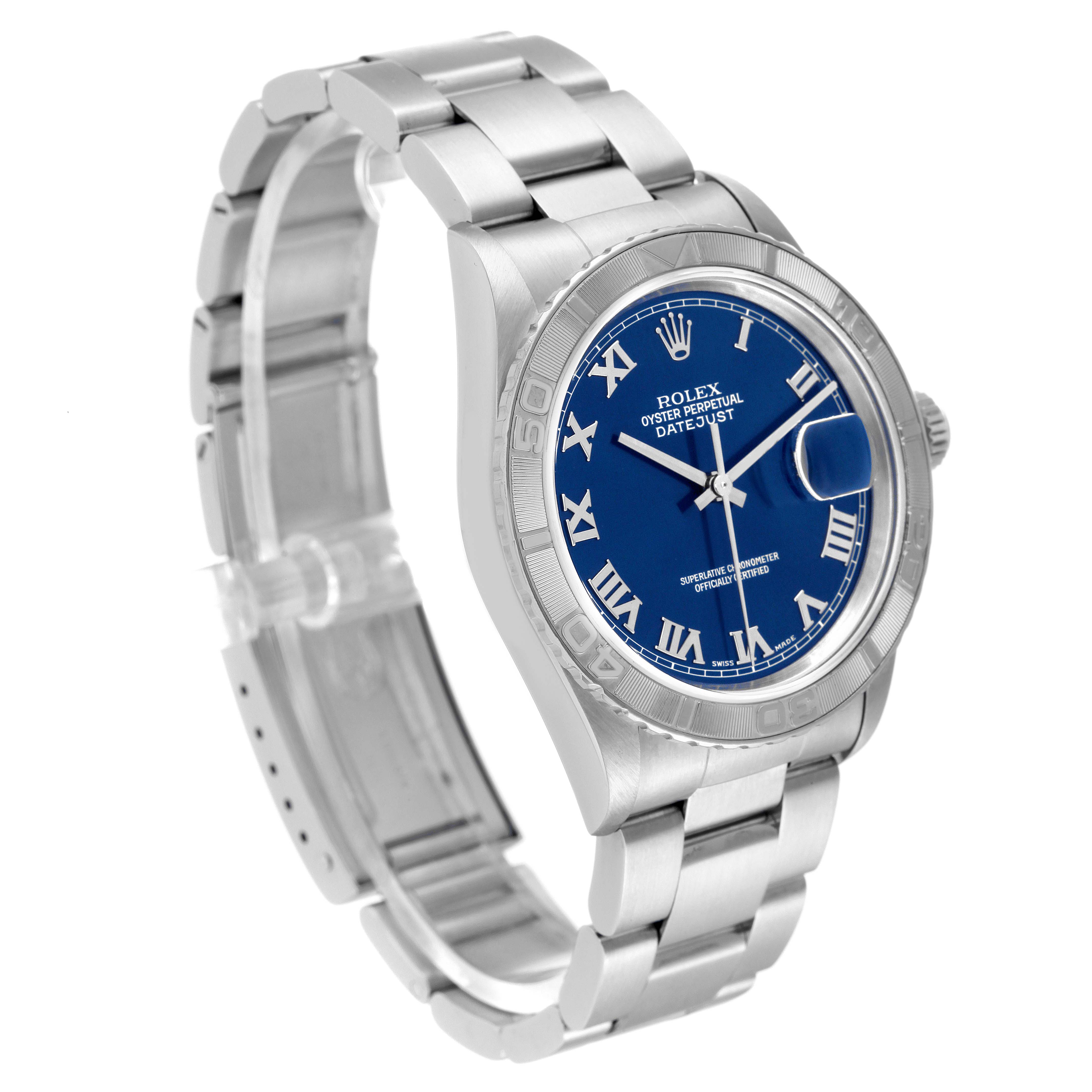 The image shows a side and frontal view of a Rolex Turn-o-Graph 16264 Men
s Stainless Steel Blue Dial 16264 Men
s Stainless Steel Blue Dial watch, highlighting its blue dial, bezel, and stainless steel bracelet.