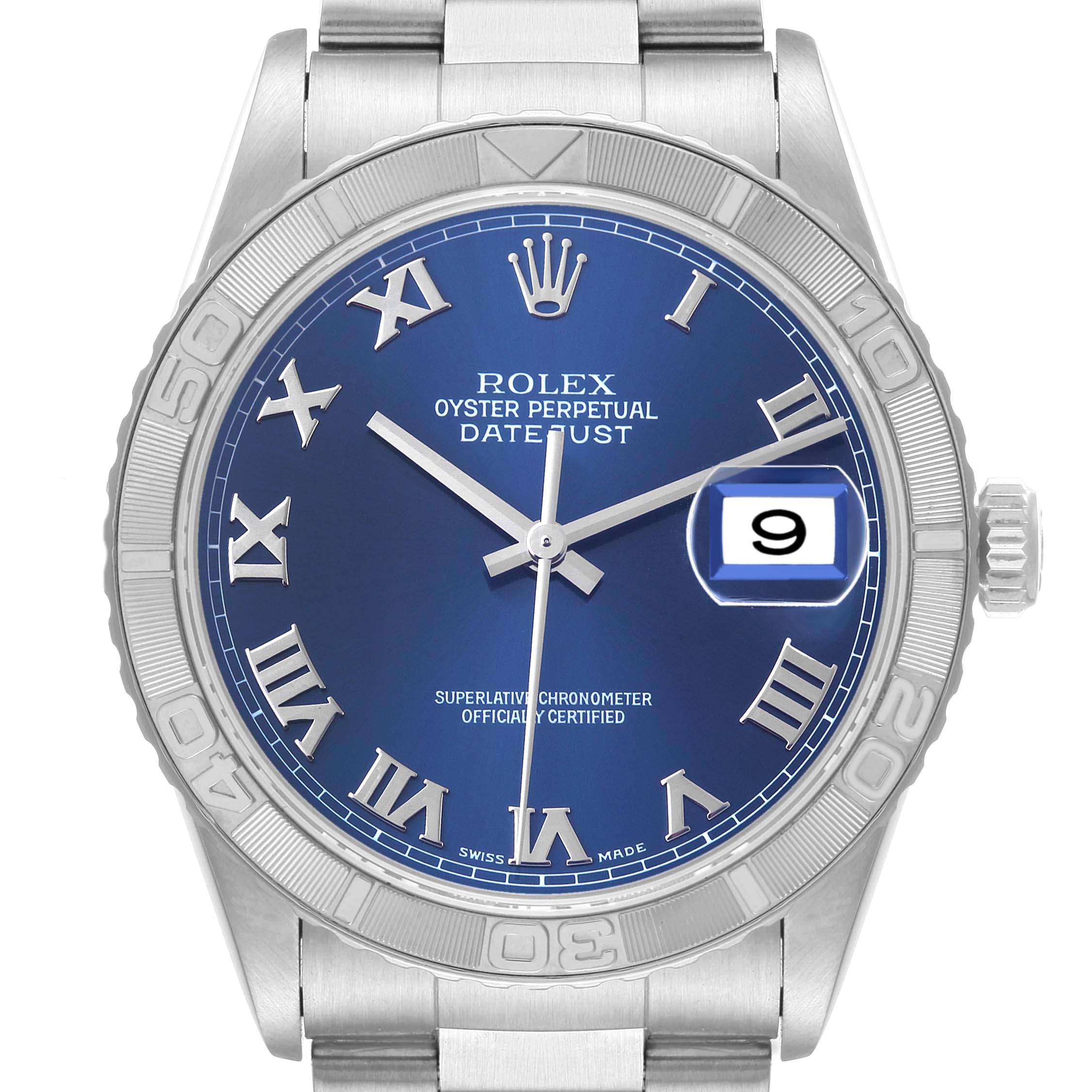 This is a front view of a Rolex Turn-o-Graph 16264 Men
s Stainless Steel Blue Dial 16264 Men
s Stainless Steel Blue Dial with a blue dial, silver Roman numerals, and a stainless steel bracelet.