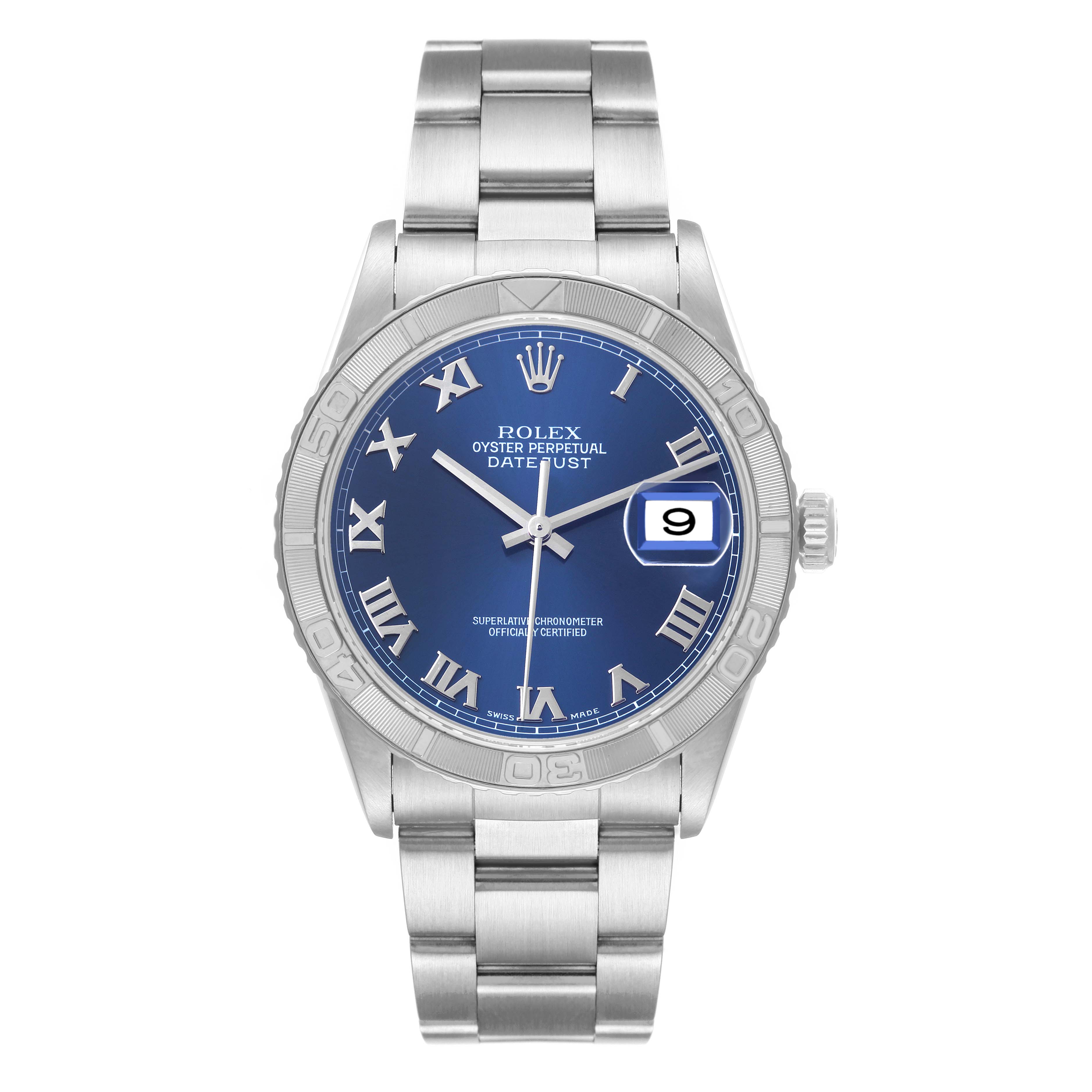 This image shows a full frontal view of the Rolex Turn-o-Graph 16264 Men
s Stainless Steel Blue Dial 16264 Men
s Stainless Steel Blue Dial watch with a blue dial and stainless steel bracelet.