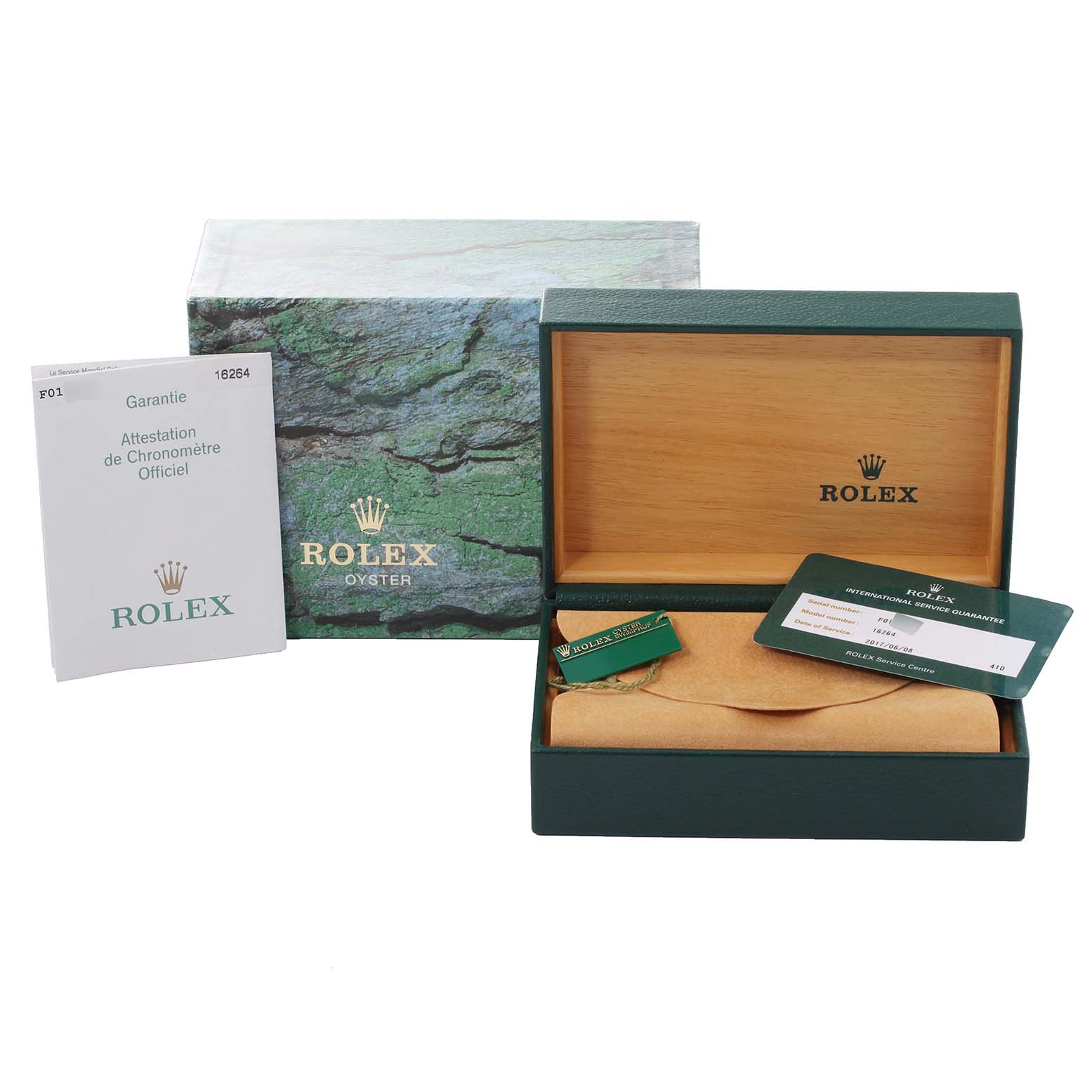 The image shows the box, warranty card, and documentation for the Rolex Turn-o-Graph 16264 Men
s Stainless Steel Blue Dial 16264 Men
s Stainless Steel Blue Dial watch, but not the watch itself.