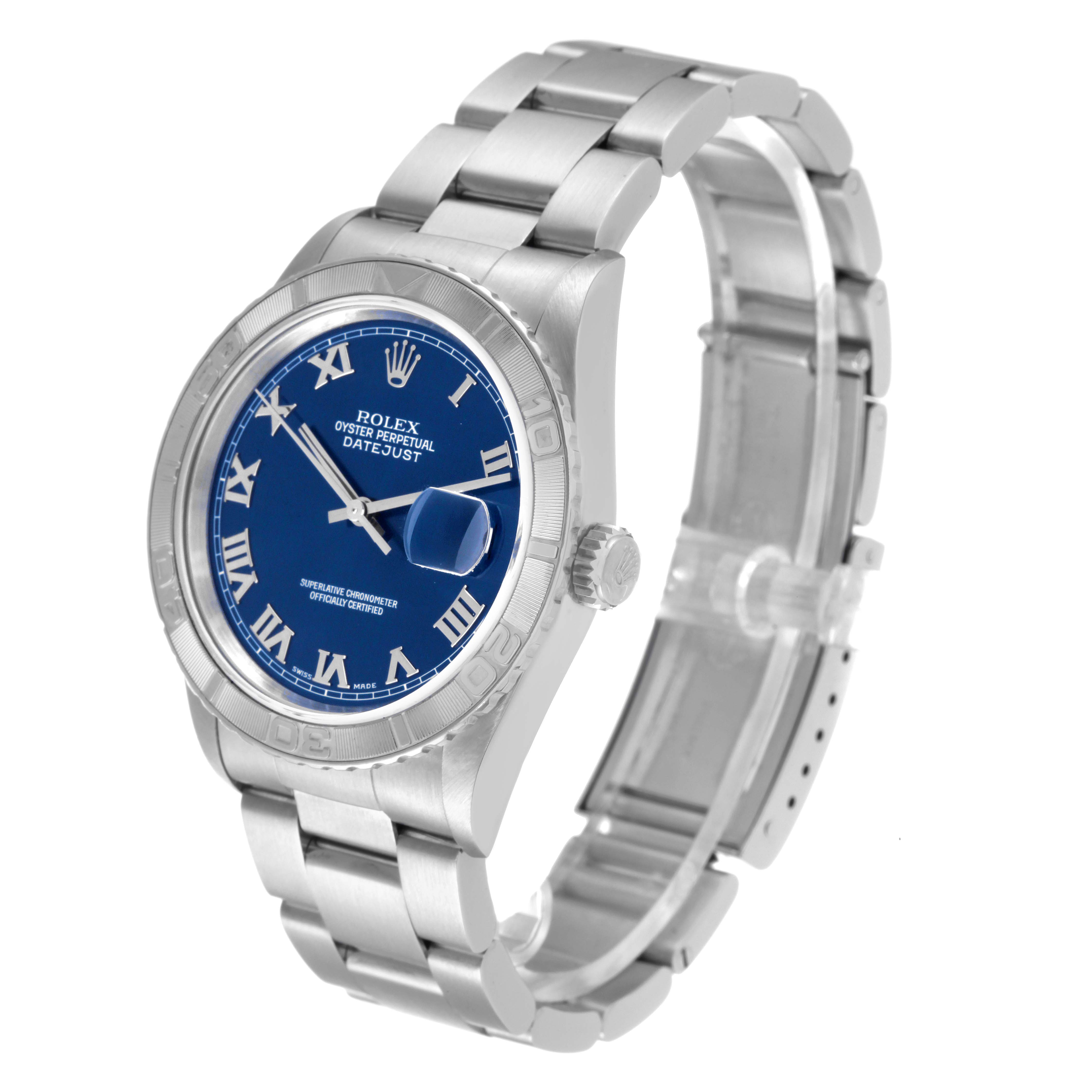 The Rolex Turn-o-Graph 16264 Men
s Stainless Steel Blue Dial 16264 Men
s Stainless Steel Blue Dial watch is shown at a three-quarter angle, highlighting its blue dial, bezel, and bracelet.