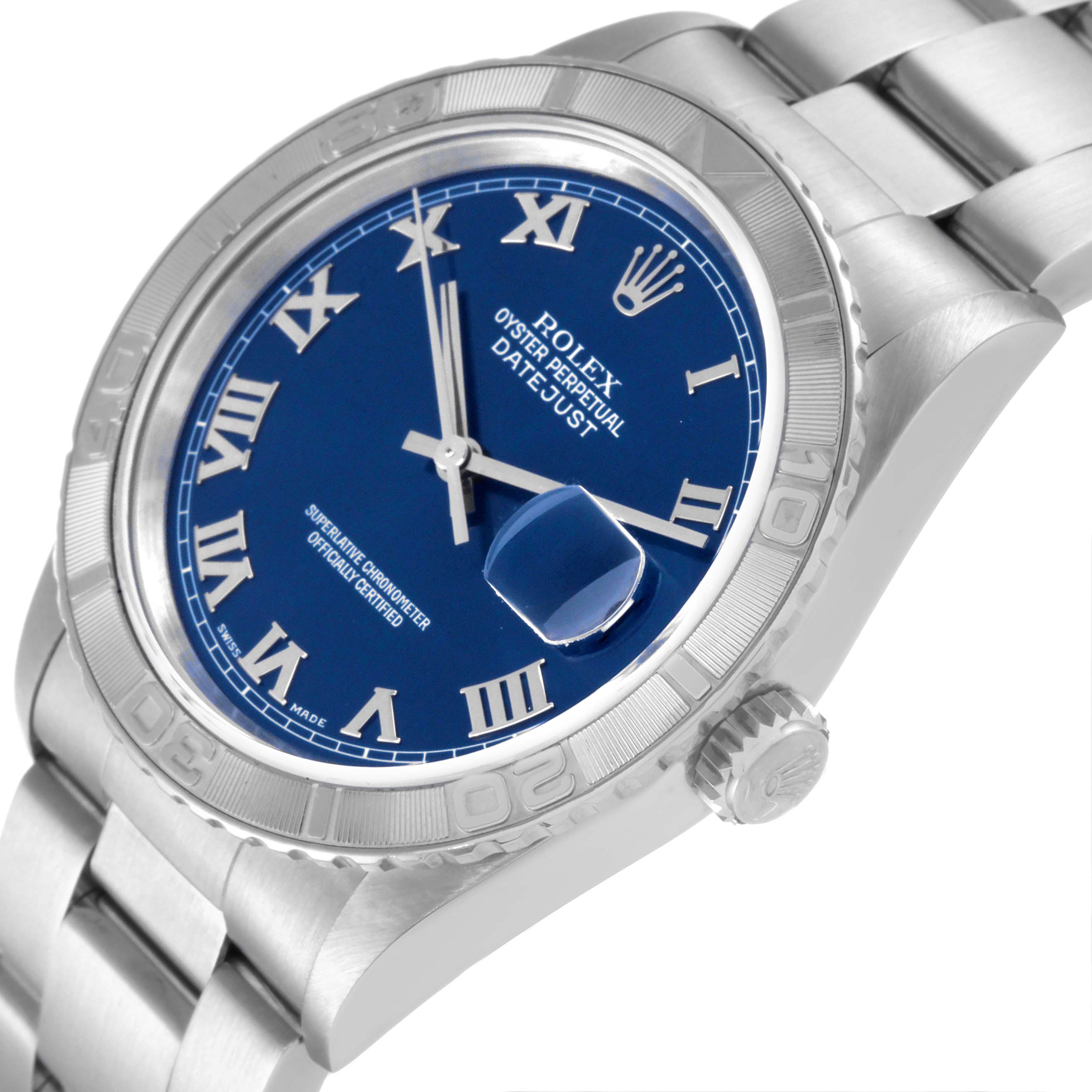 The image shows the dial, bezel, crown, and bracelet from a side angle of a Rolex Turn-o-Graph 16264 Men
s Stainless Steel Blue Dial 16264 Men
s Stainless Steel Blue Dial model.