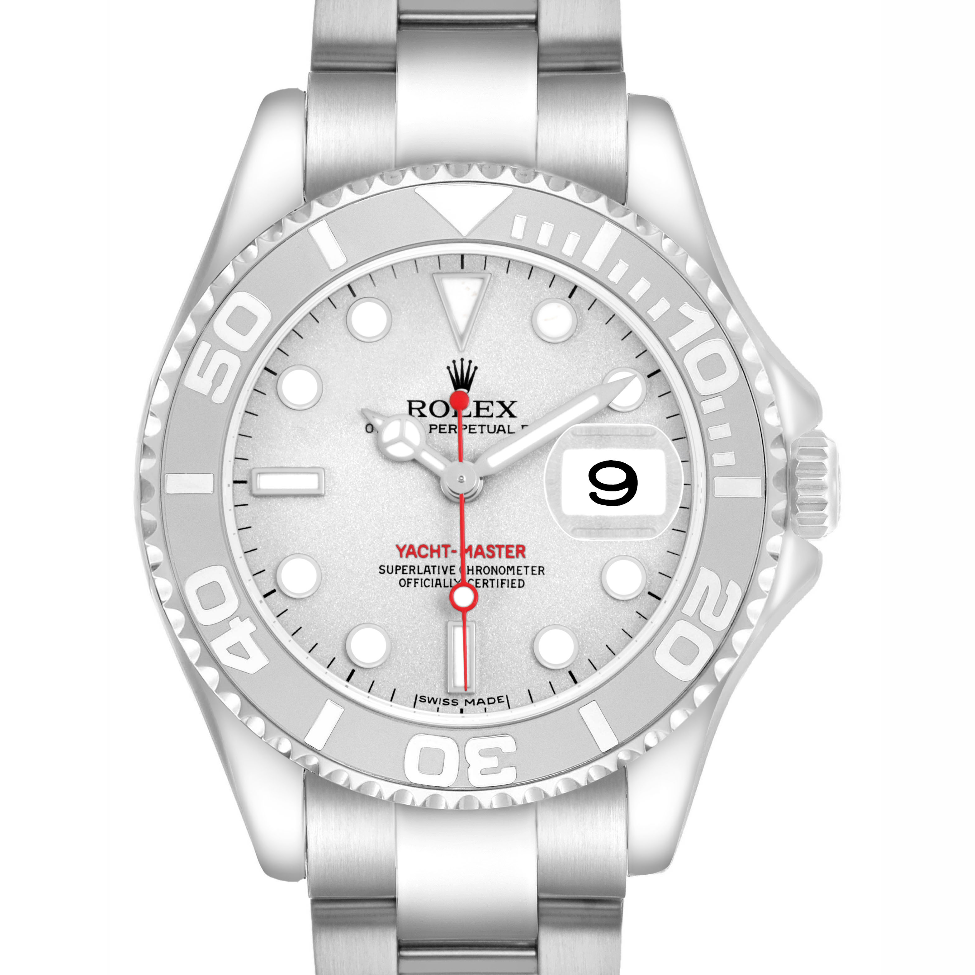 The Rolex Yacht-Master 168622 Men's Stainless Steel Silver Dial watch is shown from a front angle, highlighting the dial, bezel, and bracelet.