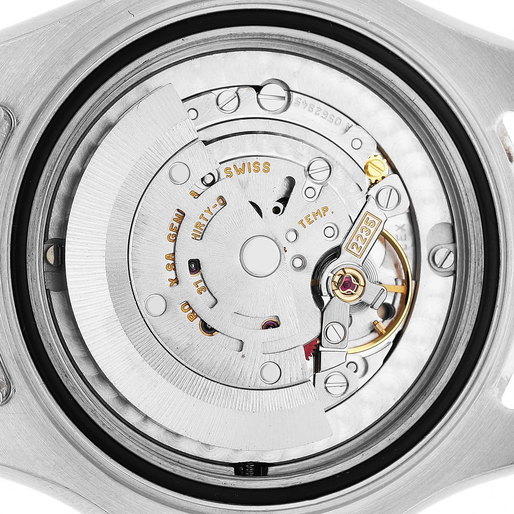 The image shows the internal movement mechanism of a Rolex Yacht-Master 168622 Men's Stainless Steel Silver Dial, viewed from the back.