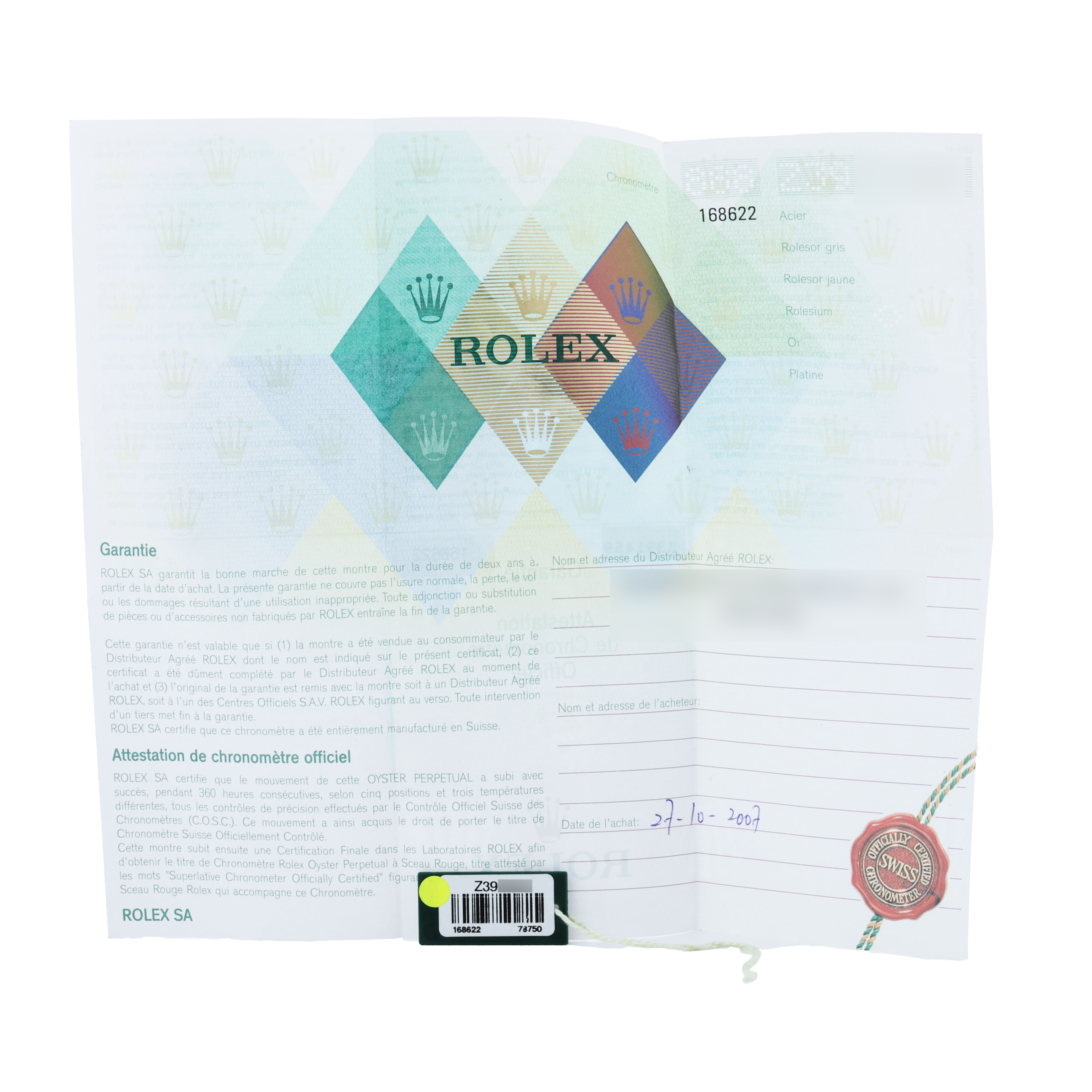 The image shows warranty paperwork for a Rolex Yacht-Master 168622 Men's Stainless Steel Silver Dial watch, featuring the Rolex branding and models.