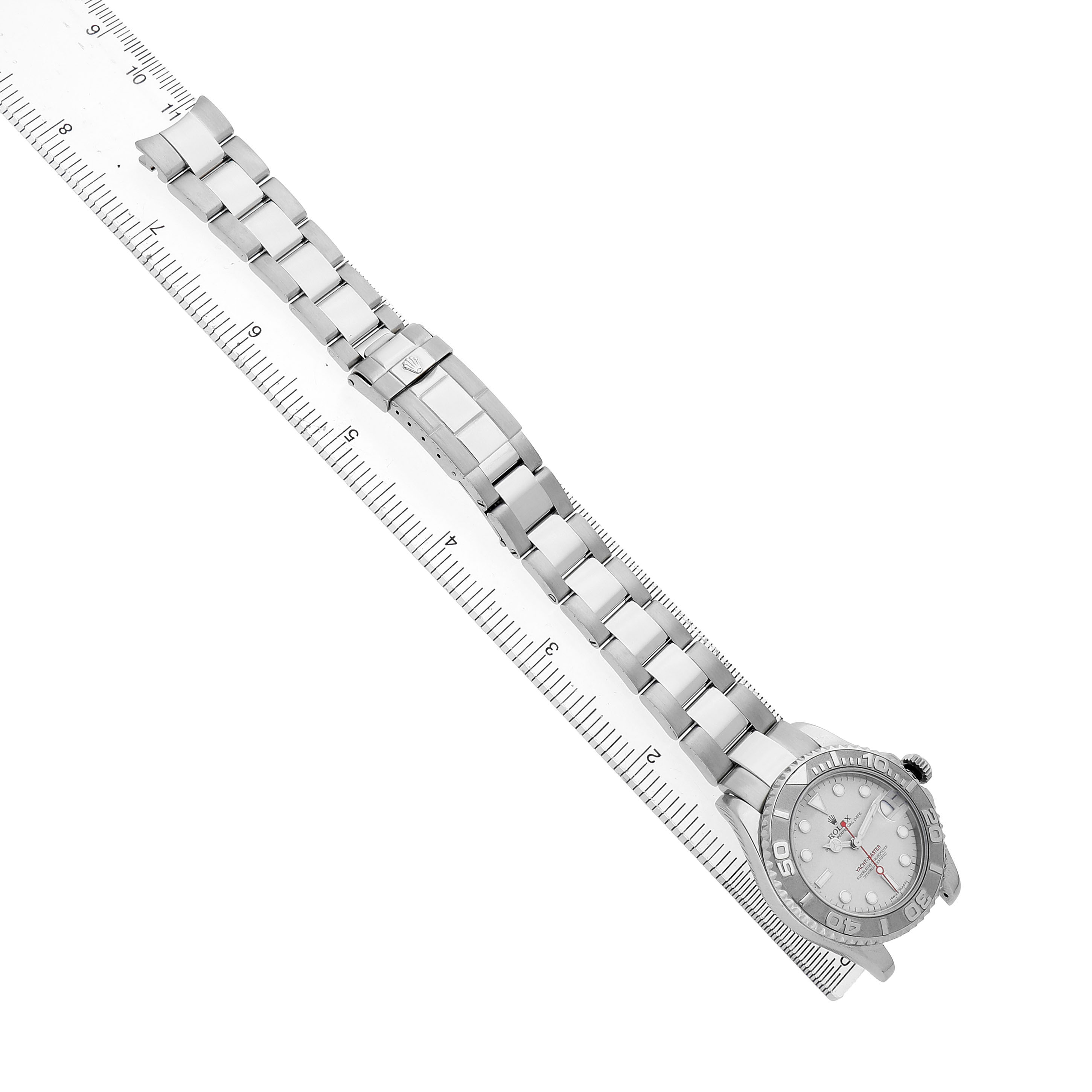 The Rolex Yacht-Master 168622 Men's Stainless Steel Silver Dial watch is shown lying flat with a clear view of the bracelet, clasp, and partially visible face.