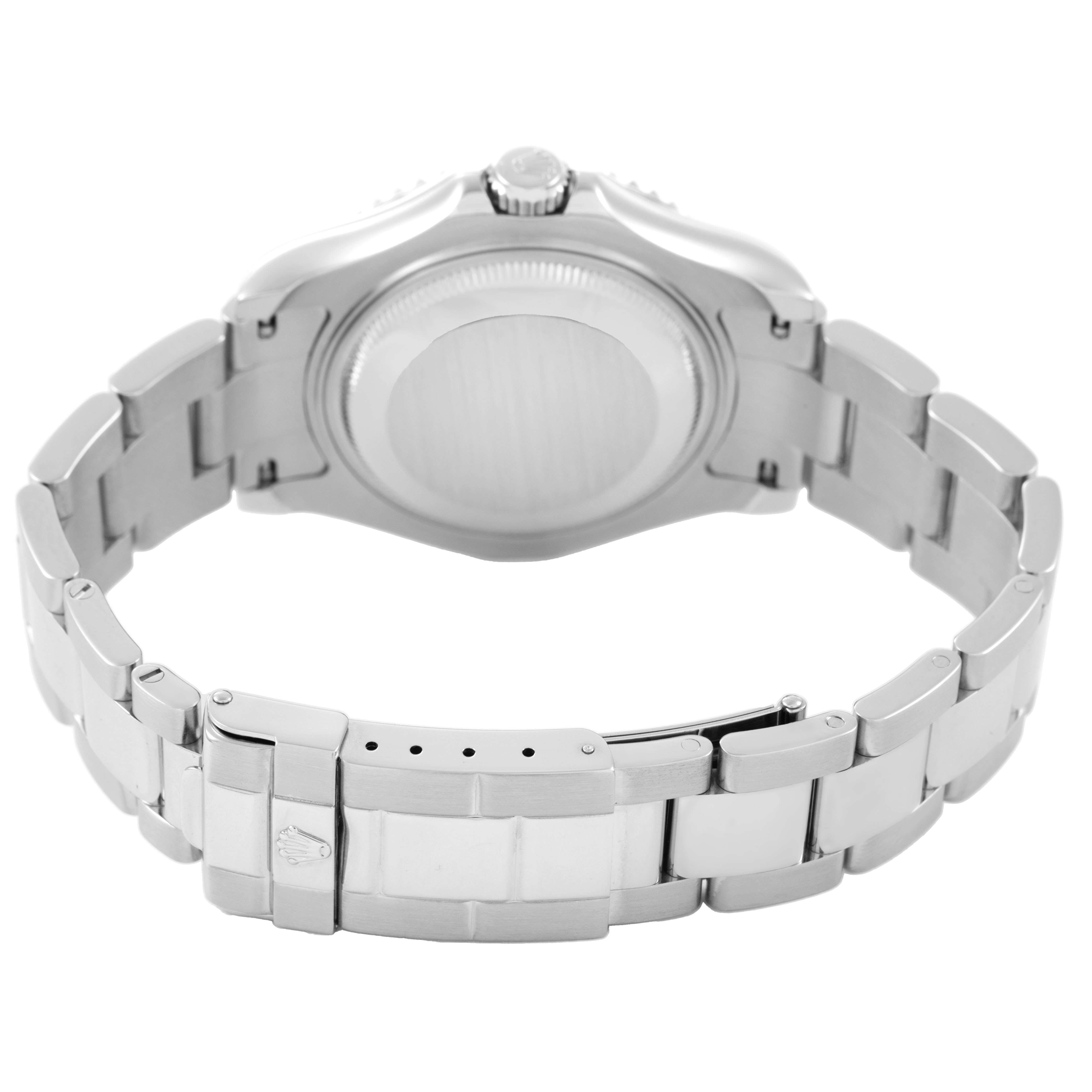 The Rolex Yacht-Master 168622 Men's Stainless Steel Silver Dial watch is shown from the backside, highlighting the bracelet and clasp.