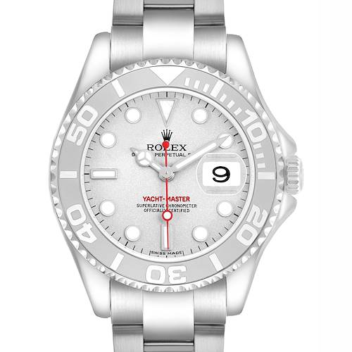 The Rolex Yacht-Master 168622 Men's Stainless Steel Silver Dial watch is shown from a front angle, highlighting its dial, bezel, and bracelet.