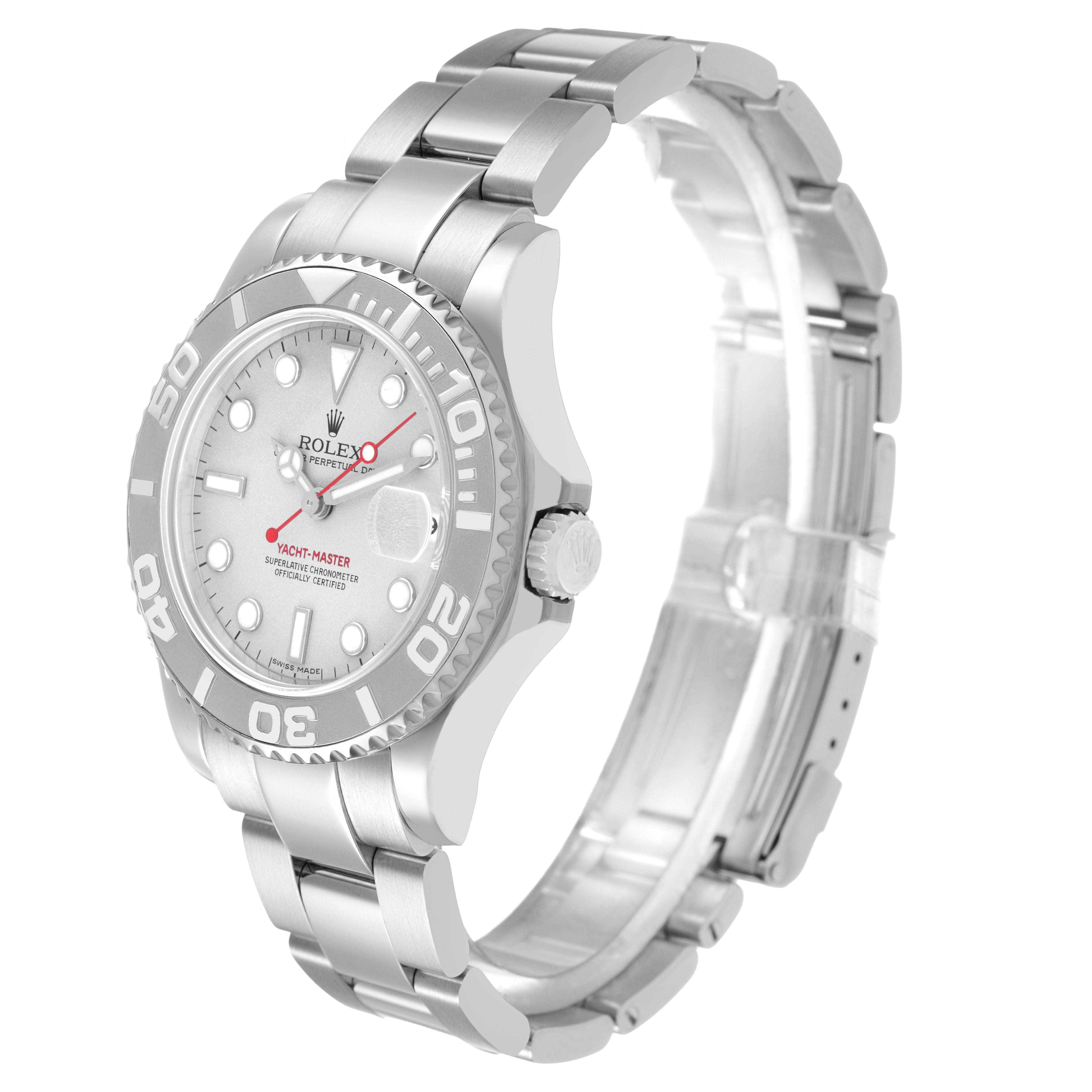 The Rolex Yacht-Master 168622 Men's Stainless Steel Silver Dial is shown at a three-quarter angle, featuring the dial, bezel, crown, and full bracelet.