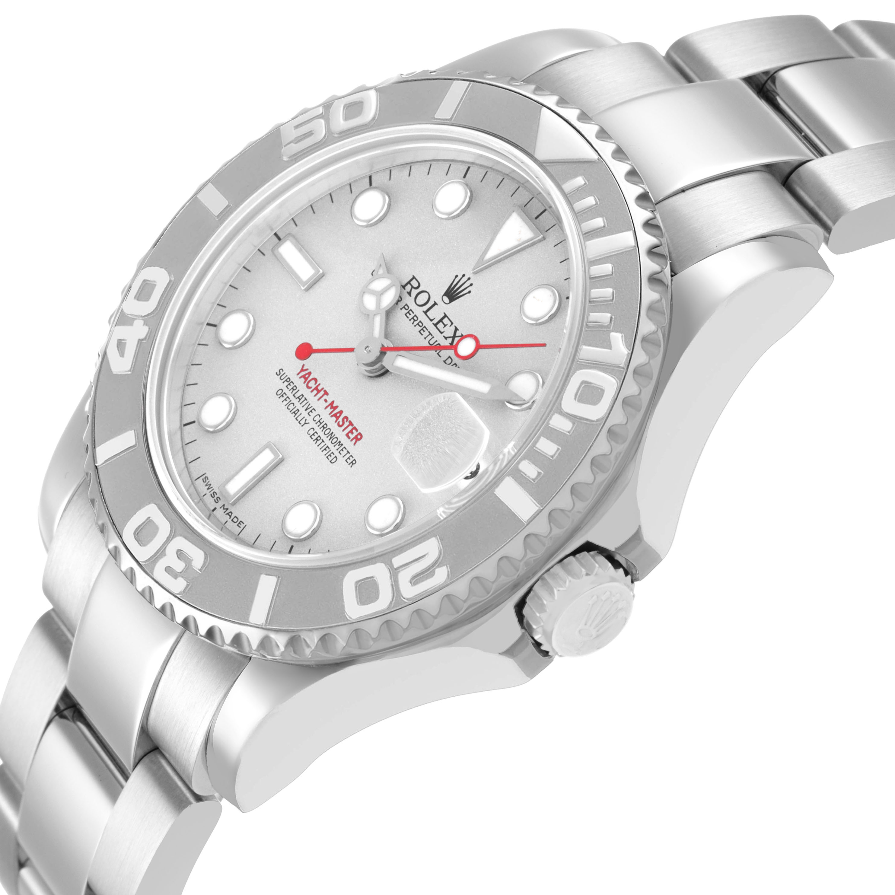 The Rolex Yacht-Master 168622 Men's Stainless Steel Silver Dial watch is shown at an angled side view, highlighting the bezel, crown, and bracelet.