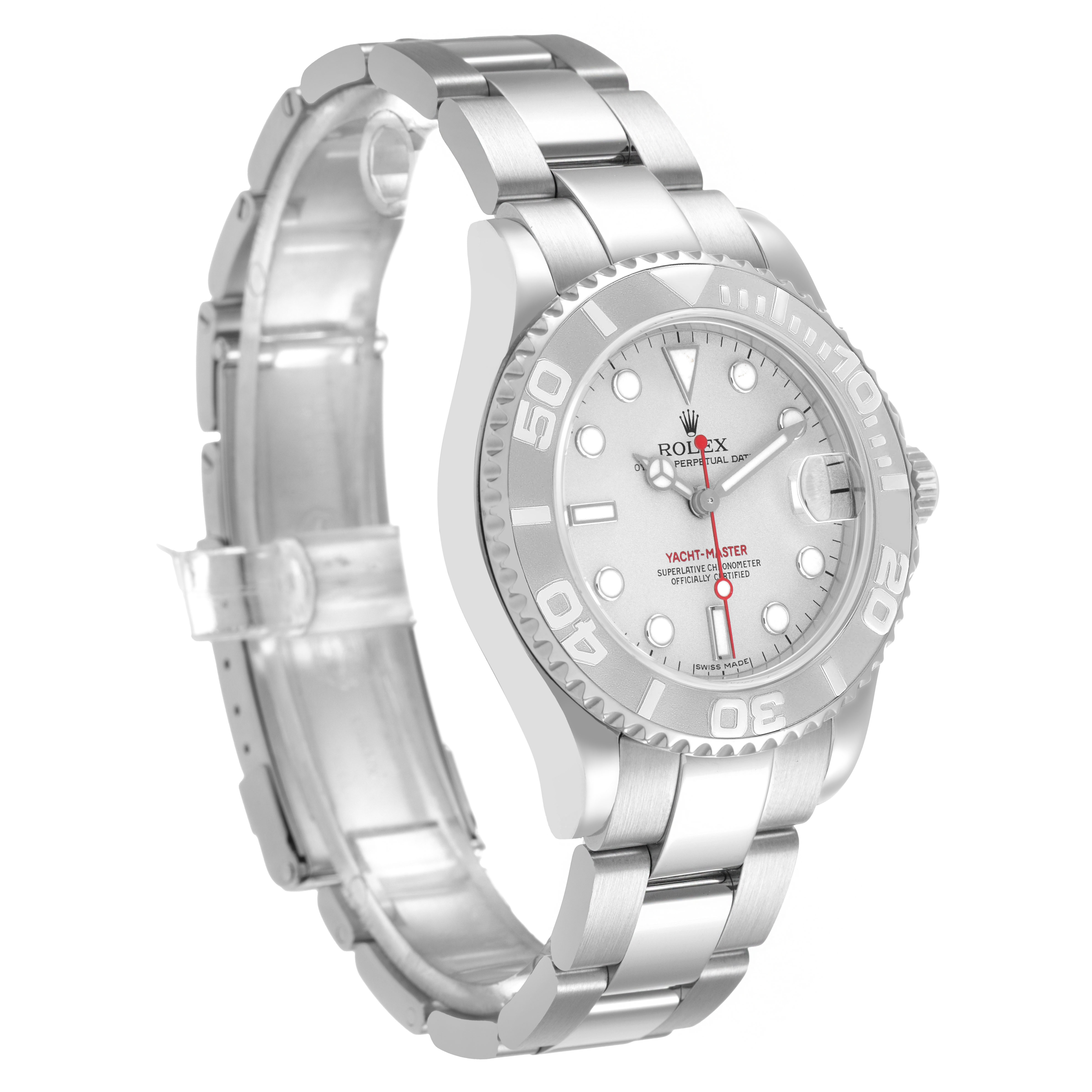 The Rolex Yacht-Master 168622 Men's Stainless Steel Silver Dial watch is shown at a three-quarter angle, displaying the dial, bezel, and bracelet.