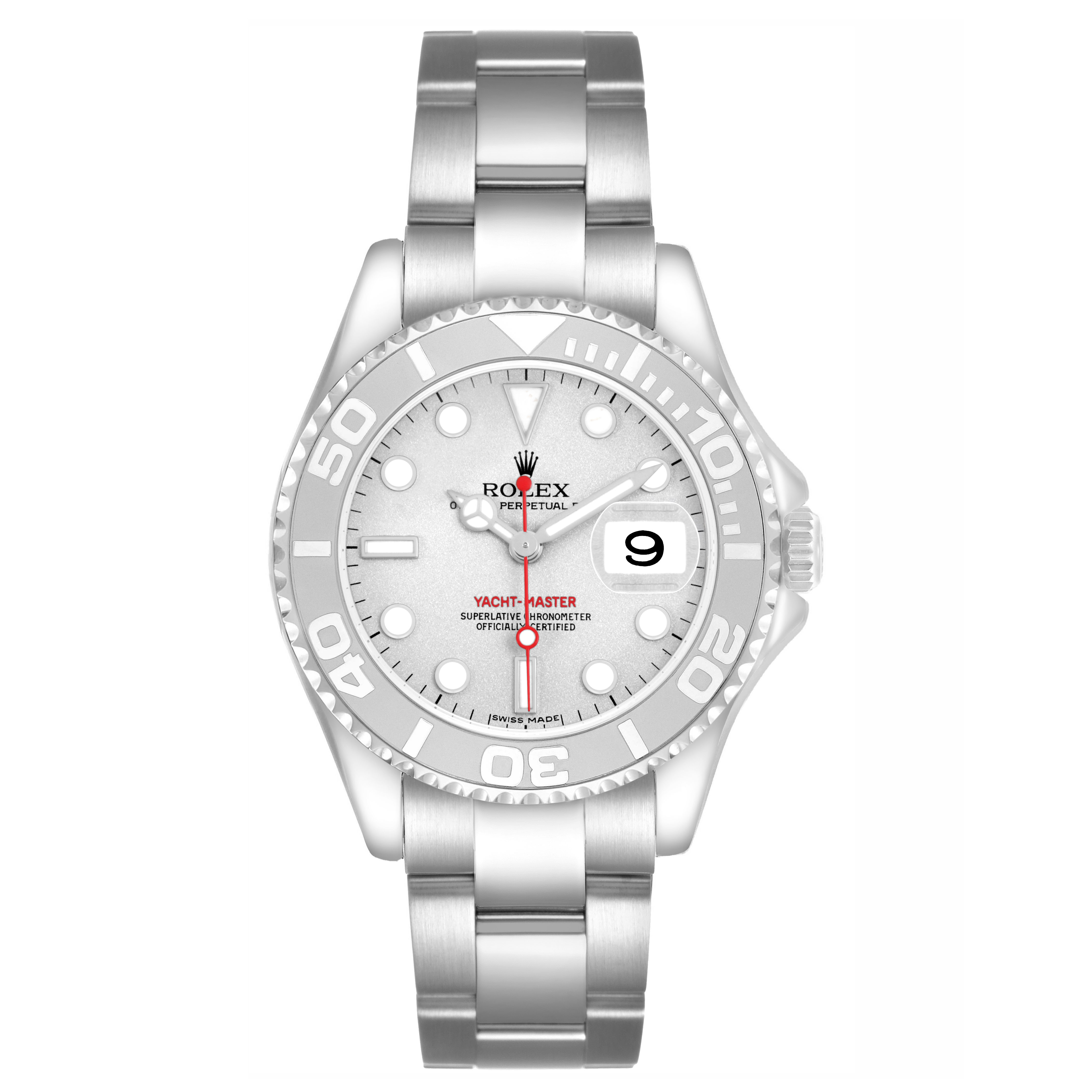 The Rolex Yacht-Master 168622 Men's Stainless Steel Silver Dial watch is shown from the front, displaying the dial, bezel, bracelet, and crown.