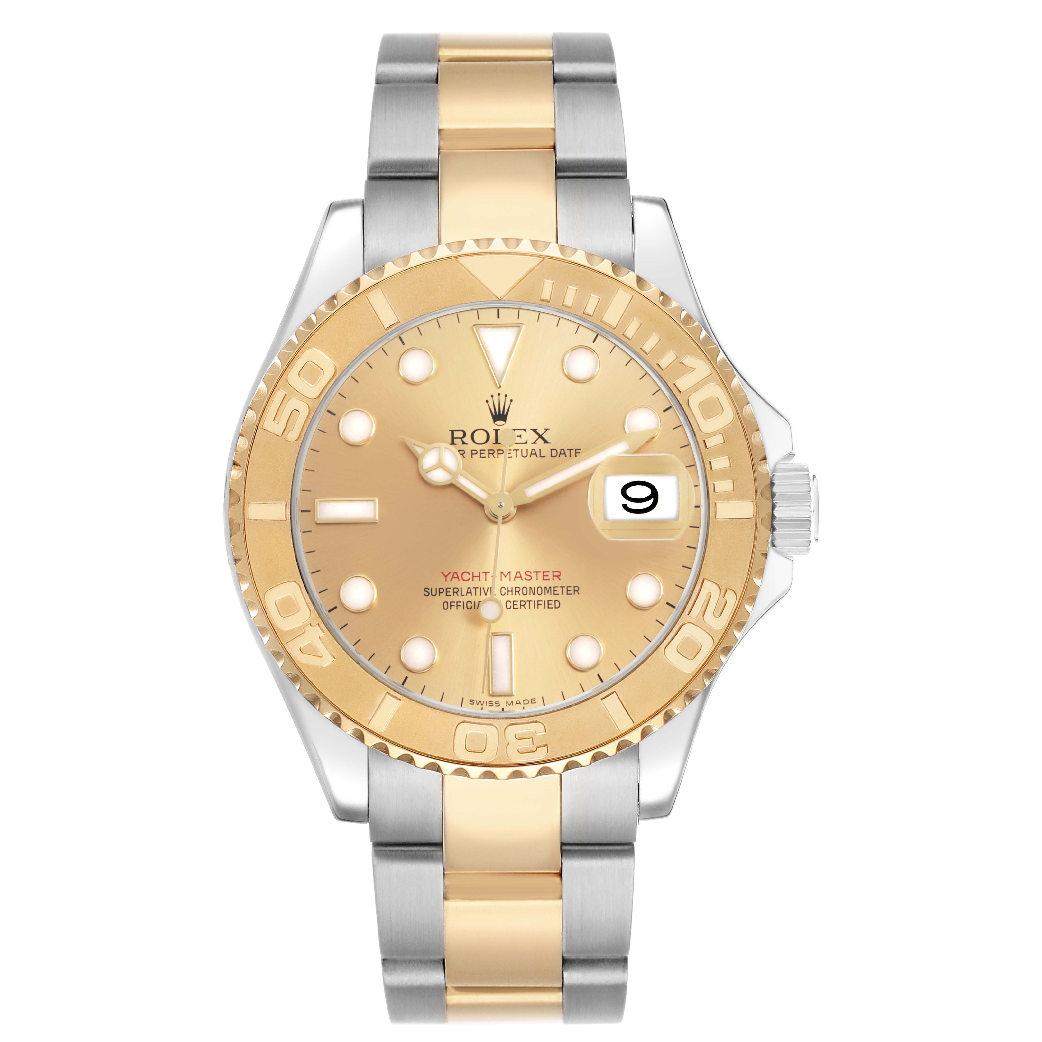 The Rolex Yacht-Master 16623 Men's Stainless Steel Champagne Dial watch is shown from a top-down angle, displaying the face, bezel, and bracelet.