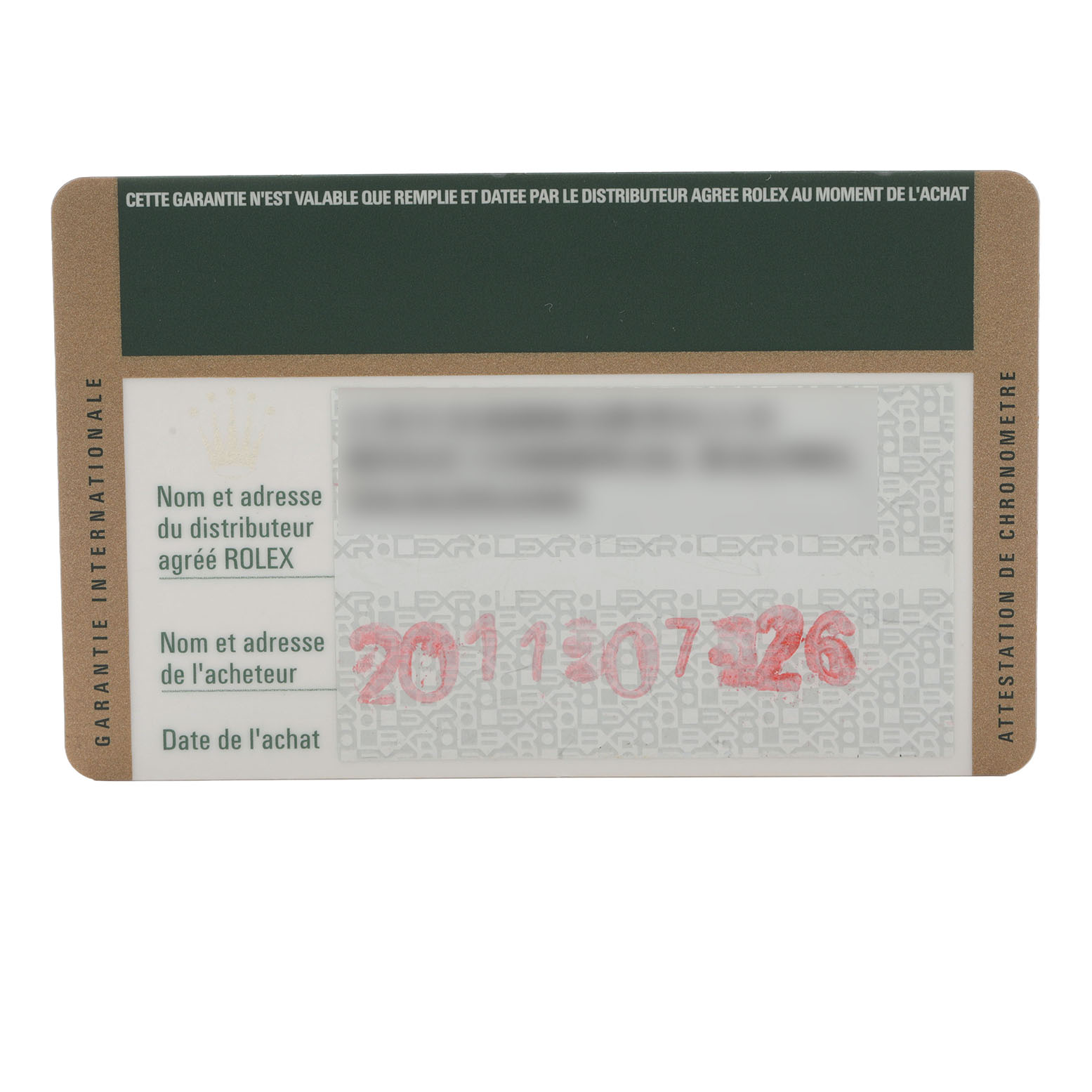 The image shows a warranty card for a Rolex Yacht-Master 16623 Men's Stainless Steel Champagne Dial, detailing purchase info and dealer details.