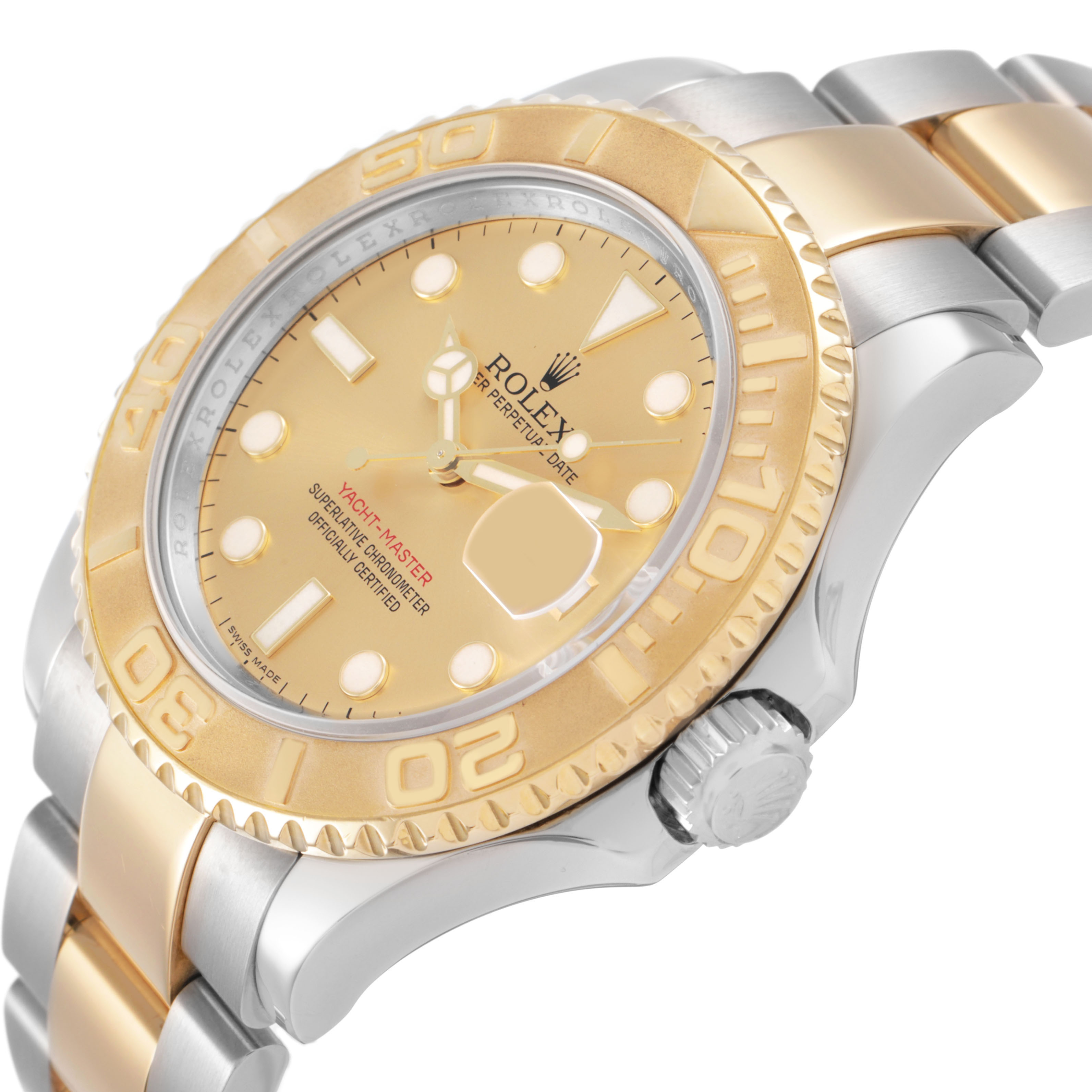 The Rolex Yacht-Master 16623 Men's Stainless Steel Champagne Dial watch is shown at an angled side view, highlighting the bezel, dial, crown, and bracelet.