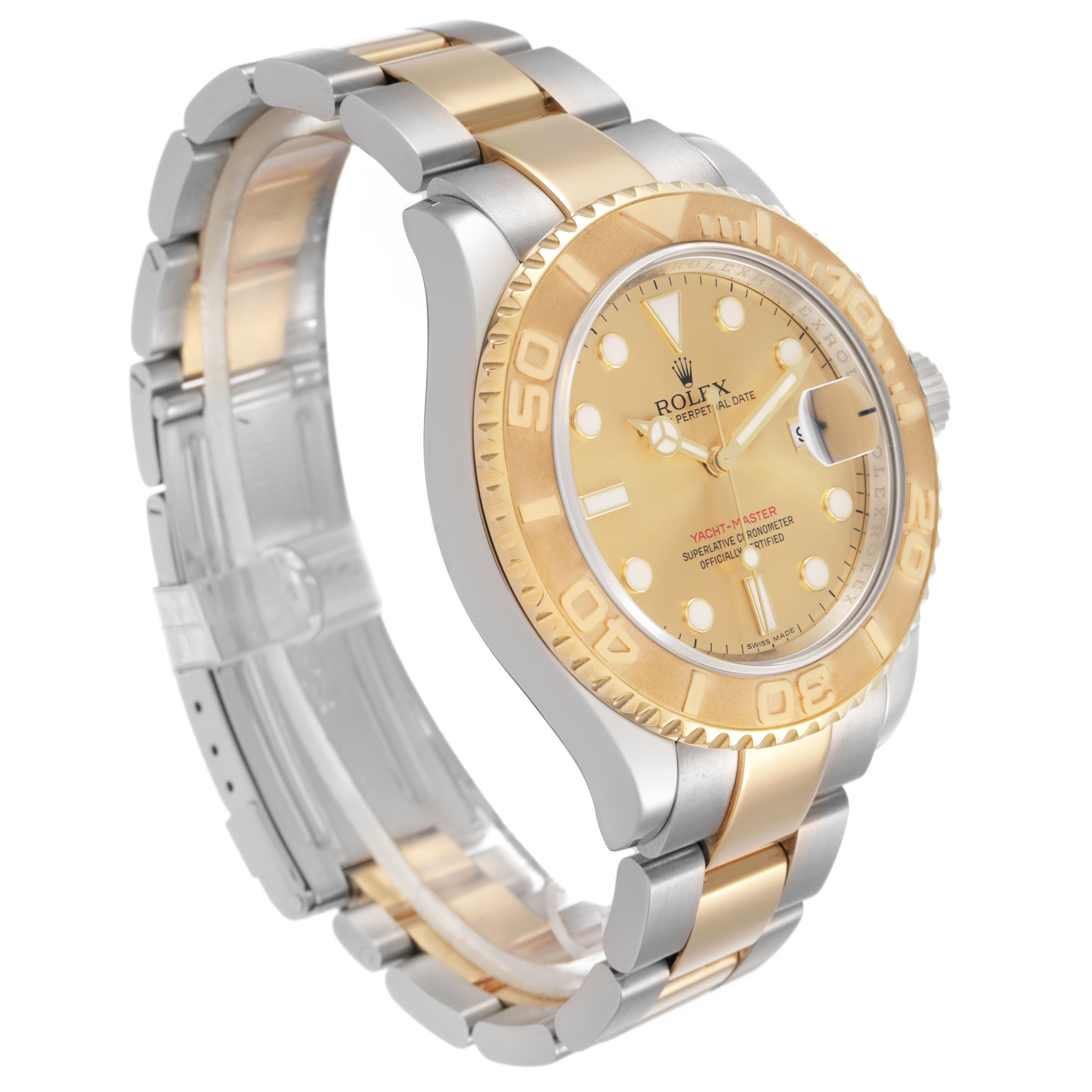 The Rolex Yacht-Master 16623 Men's Stainless Steel Champagne Dial watch is shown at a three-quarter angle, displaying the bezel, dial, and two-tone bracelet.