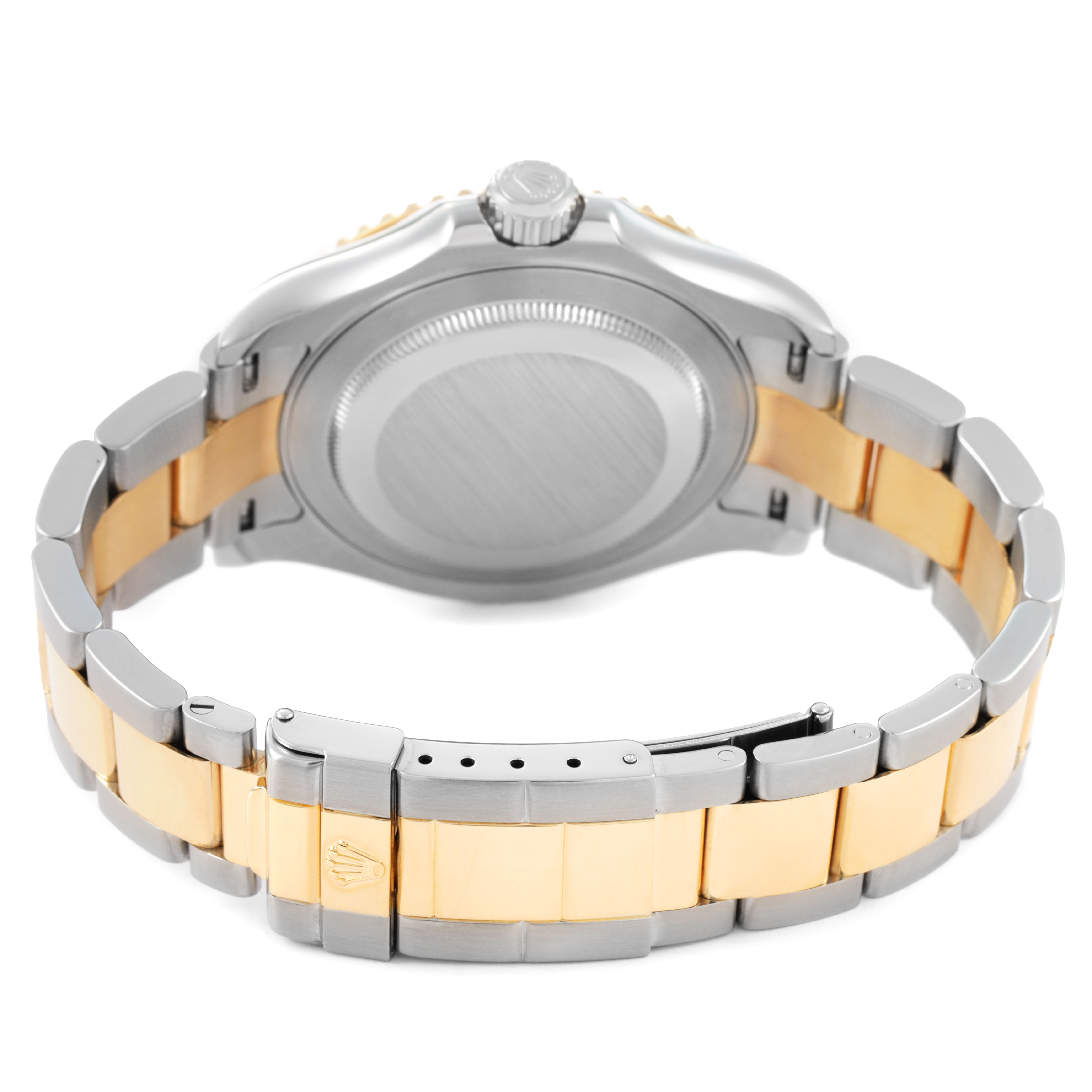 The image shows the back and bracelet of a Rolex Yacht-Master 16623 Men's Stainless Steel Champagne Dial, highlighting its clasp and two-tone metal design.